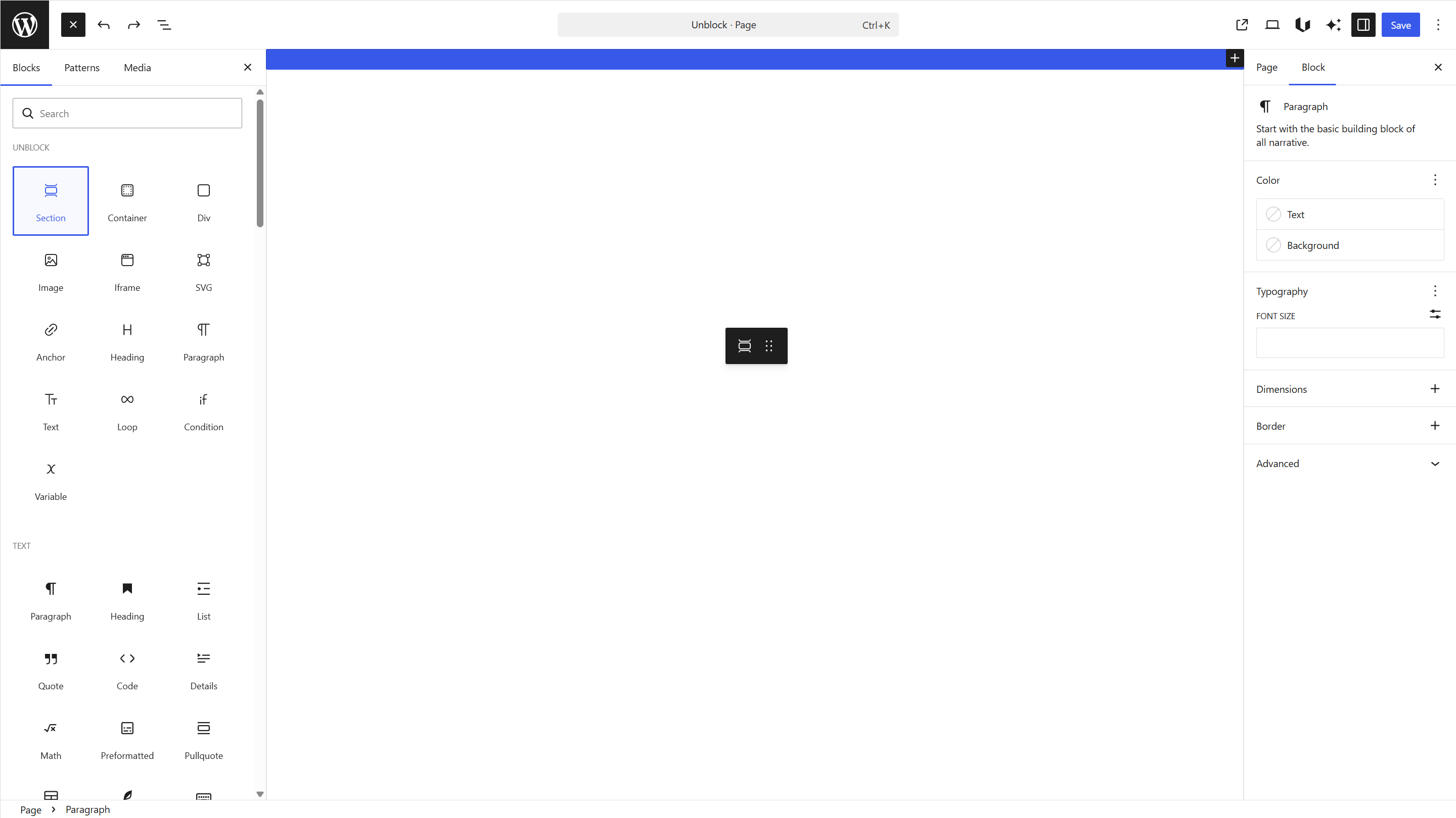 Block inserter showing the Unblock category with Section, Container, Div, Image, Iframe, SVG, Anchor, Heading, Paragraph, Text, Loop, Condition, and Variable blocks