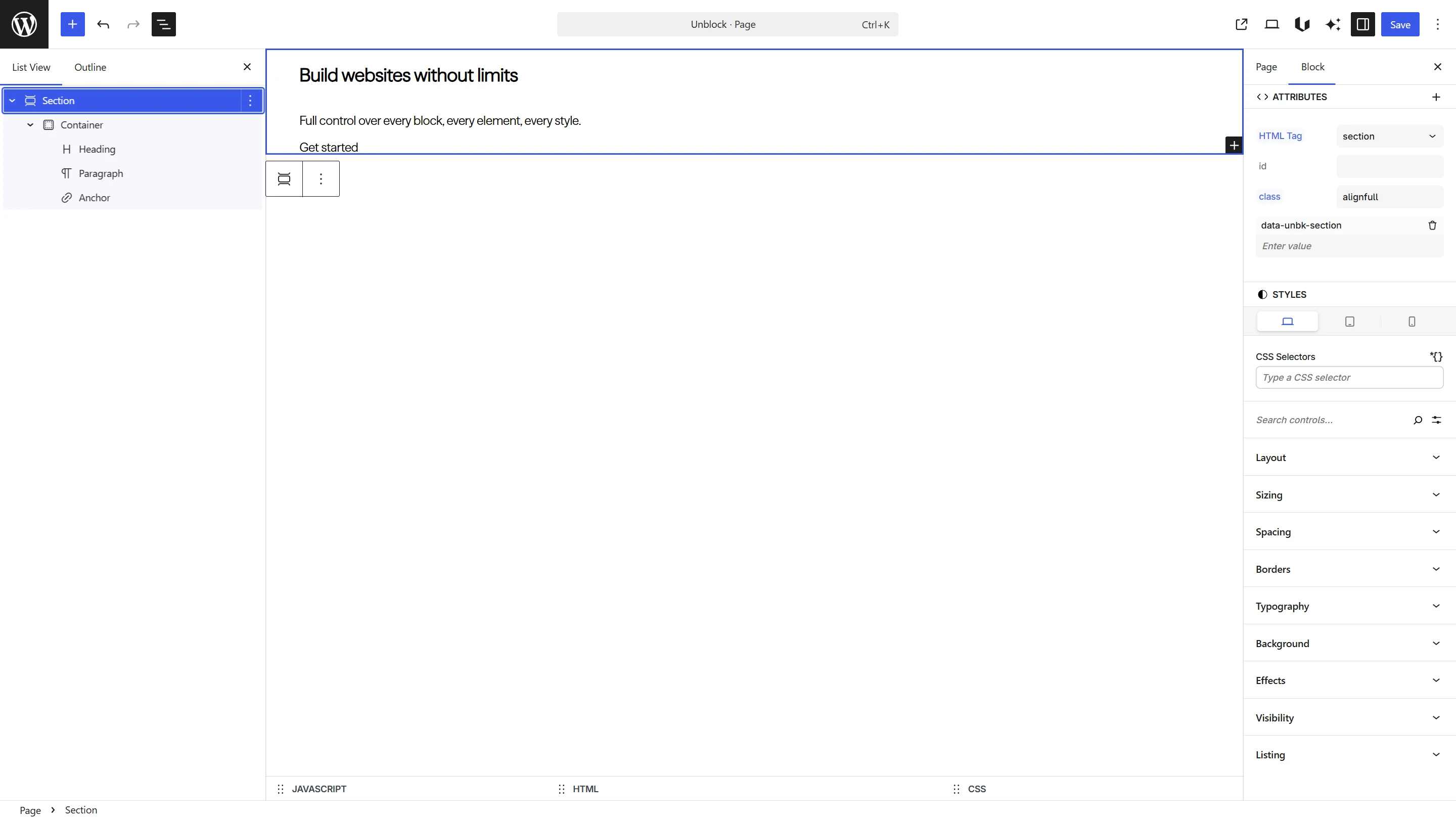 List view showing Section > Container > Heading, Paragraph, Anchor with the hero content in the editor and the Styles panel on the right
