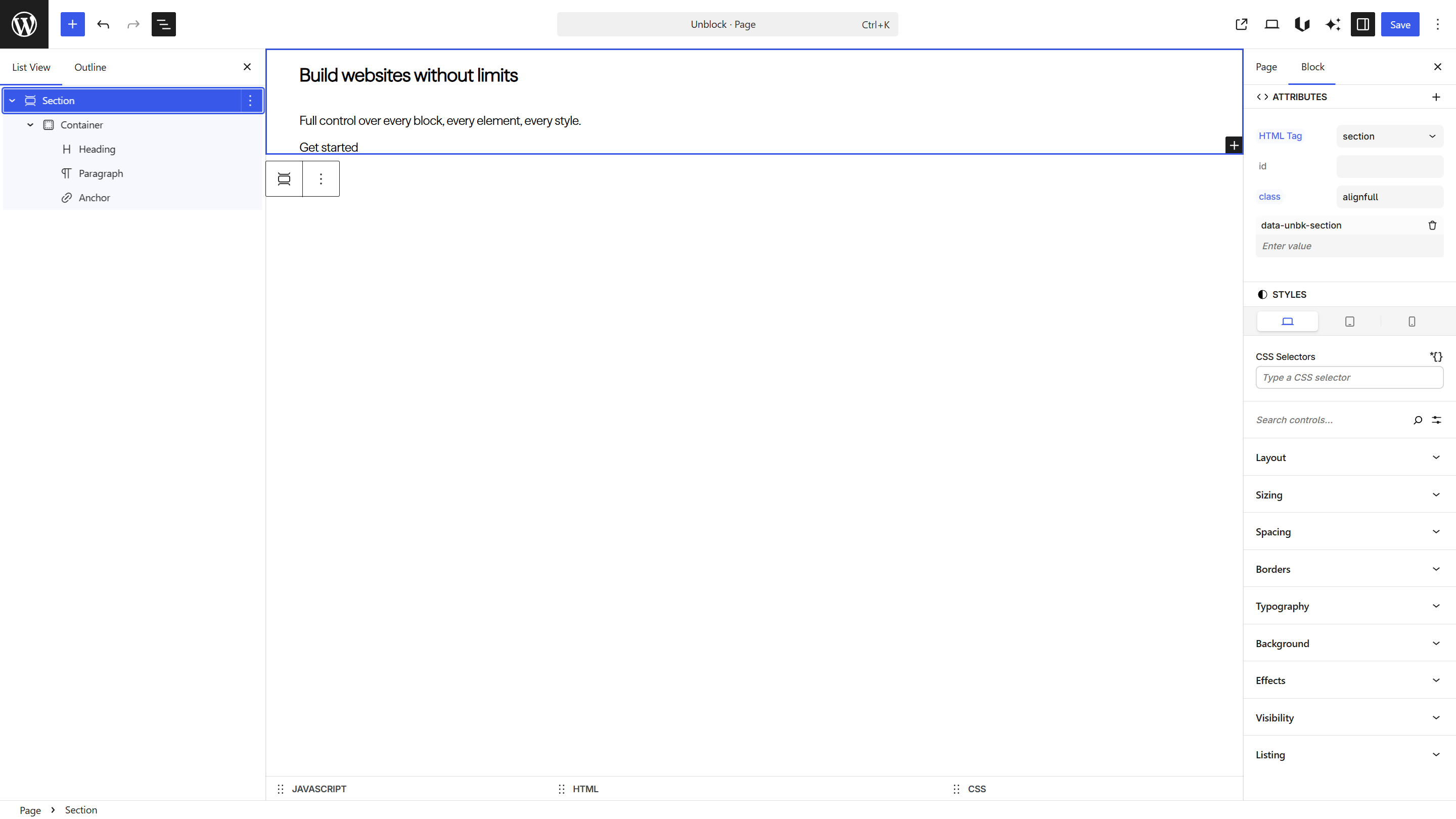 List view showing Section > Container > Heading, Paragraph, Anchor with the hero content in the editor and the Styles panel on the right