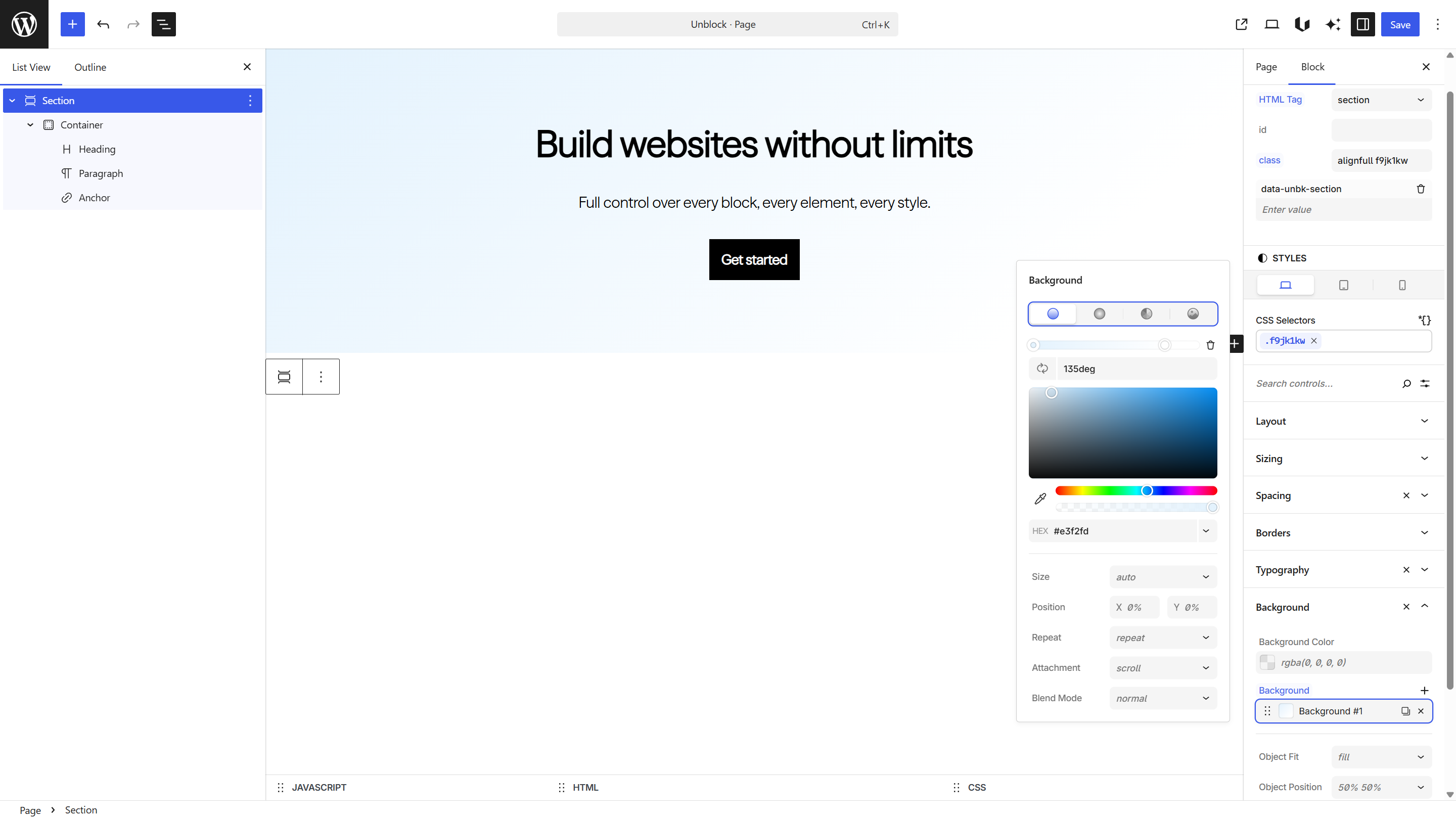 Styles panel showing the Section block with a gradient background being configured