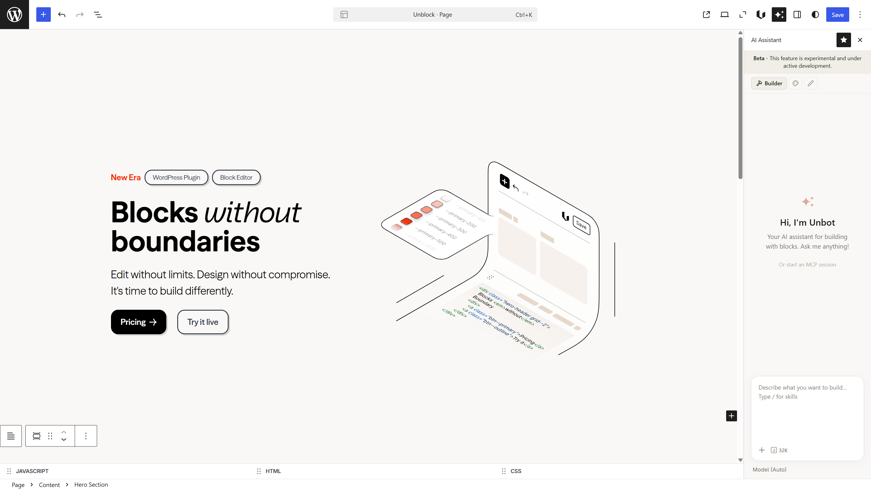 AI Assistant chat panel open in the editor, showing Unbot greeting with Builder agent selected and input field
