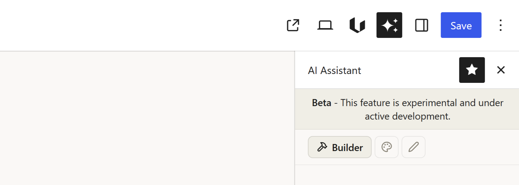 Agent switcher at the top of the chat panel showing Builder selected, with Designer and Writer icons
