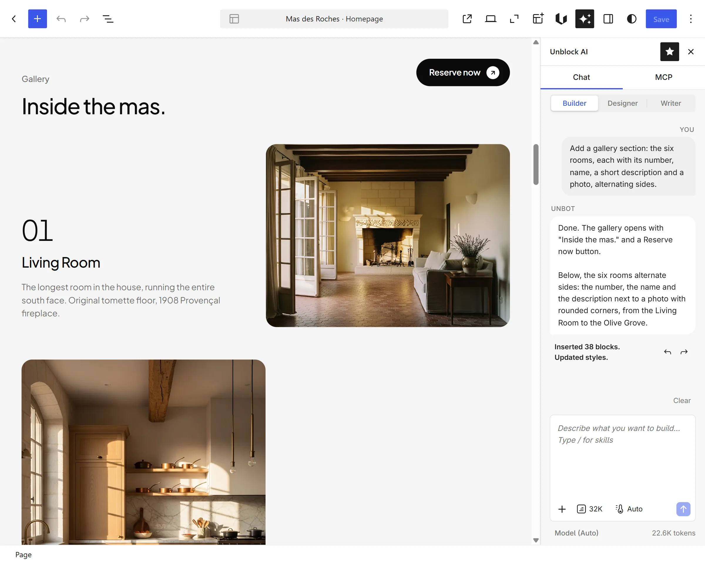 A conversation where the Builder agent added a gallery section, with the summary of the changes and the Undo and Restore buttons
