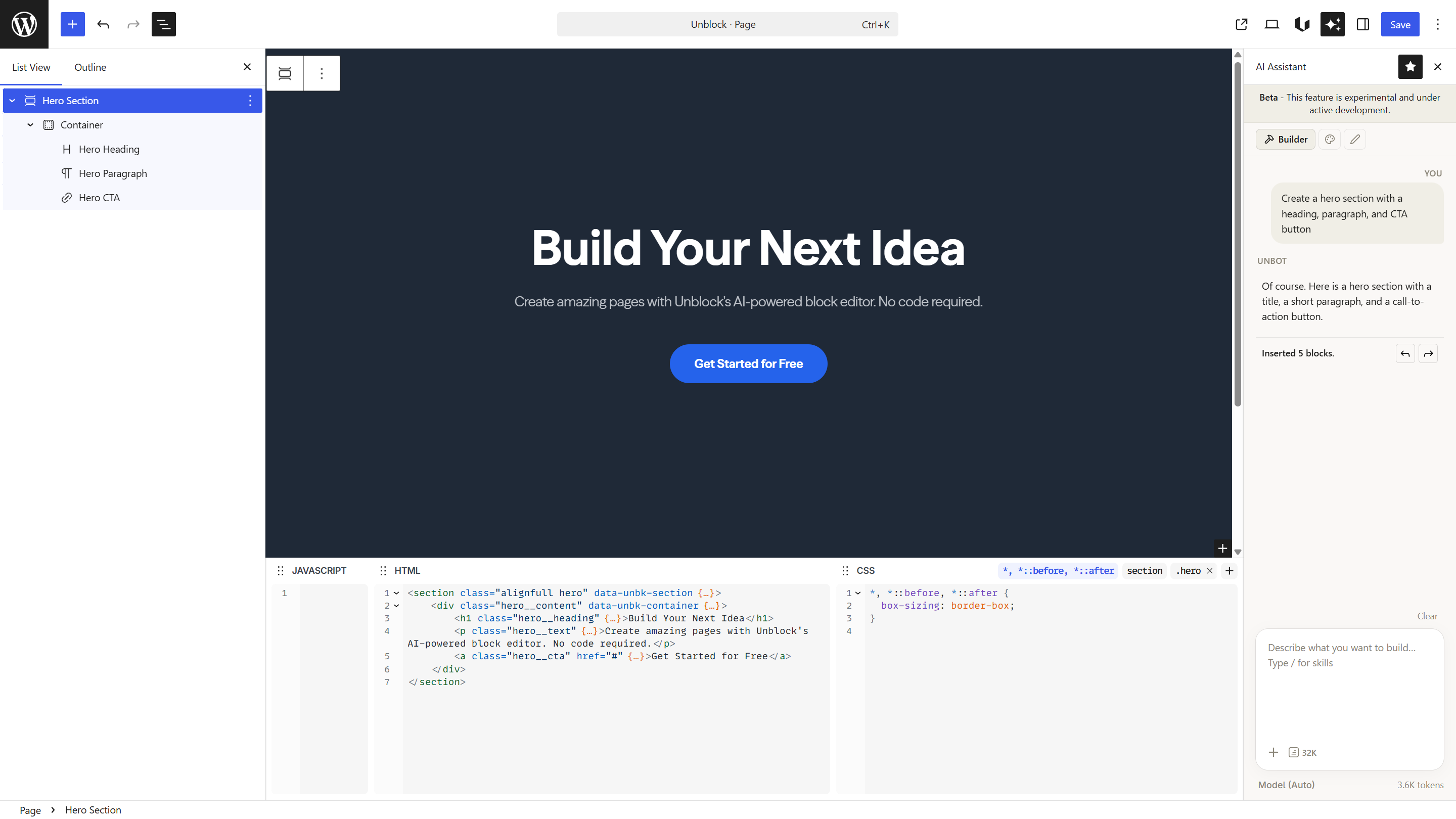 Conversation showing a prompt and AI response with blocks being created on the page