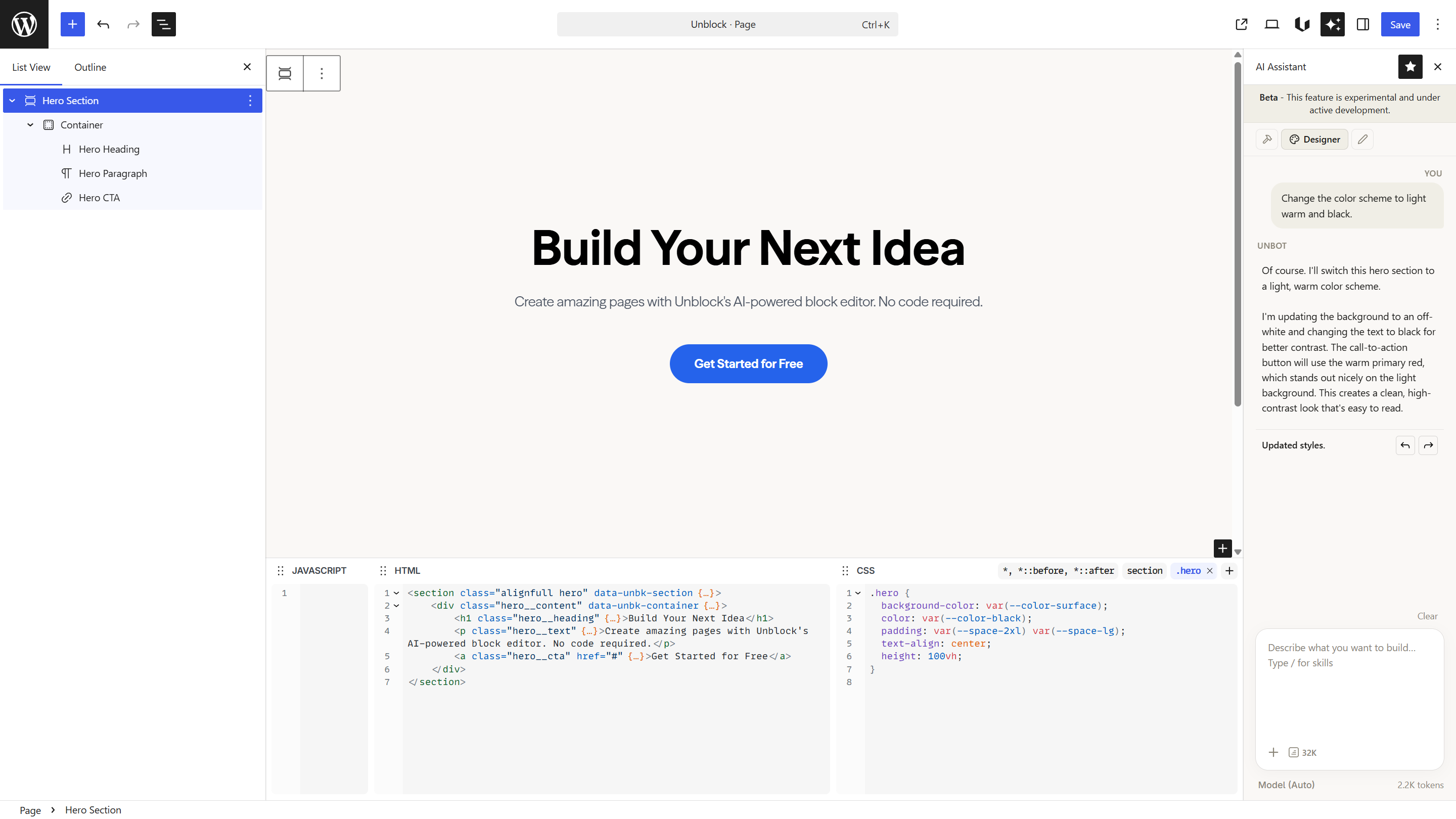 Designer agent changing the color scheme to light warm and black