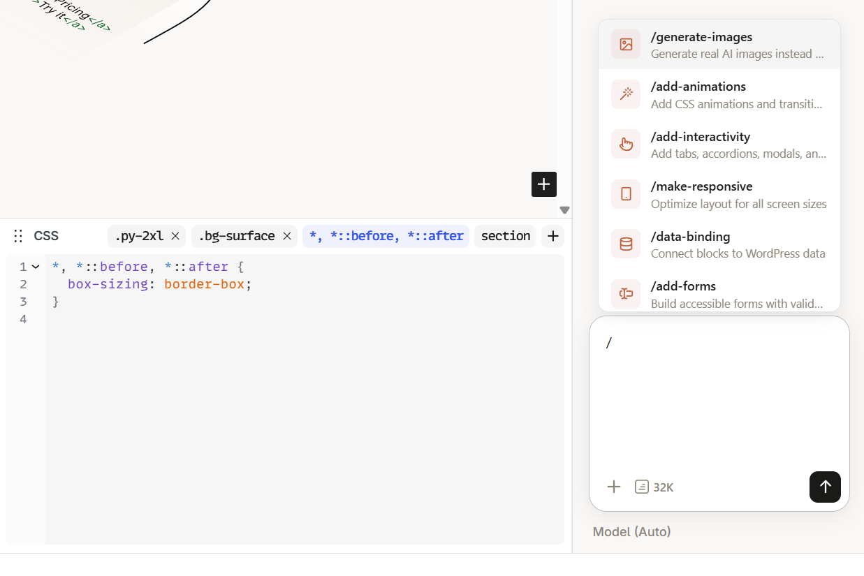 Skill menu showing available building skills after typing / in the chat input