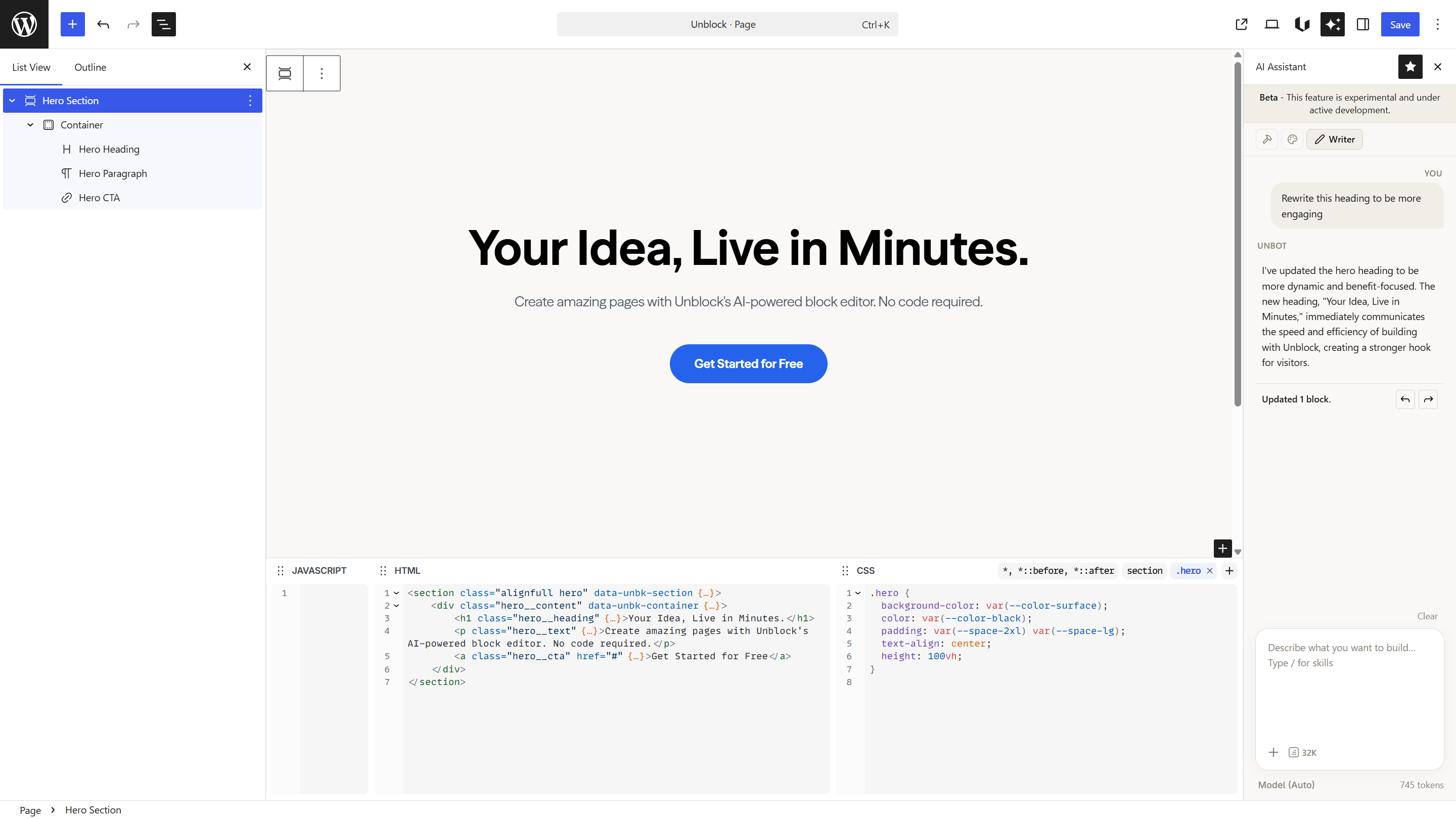 Writer agent rewriting the hero heading to be more engaging