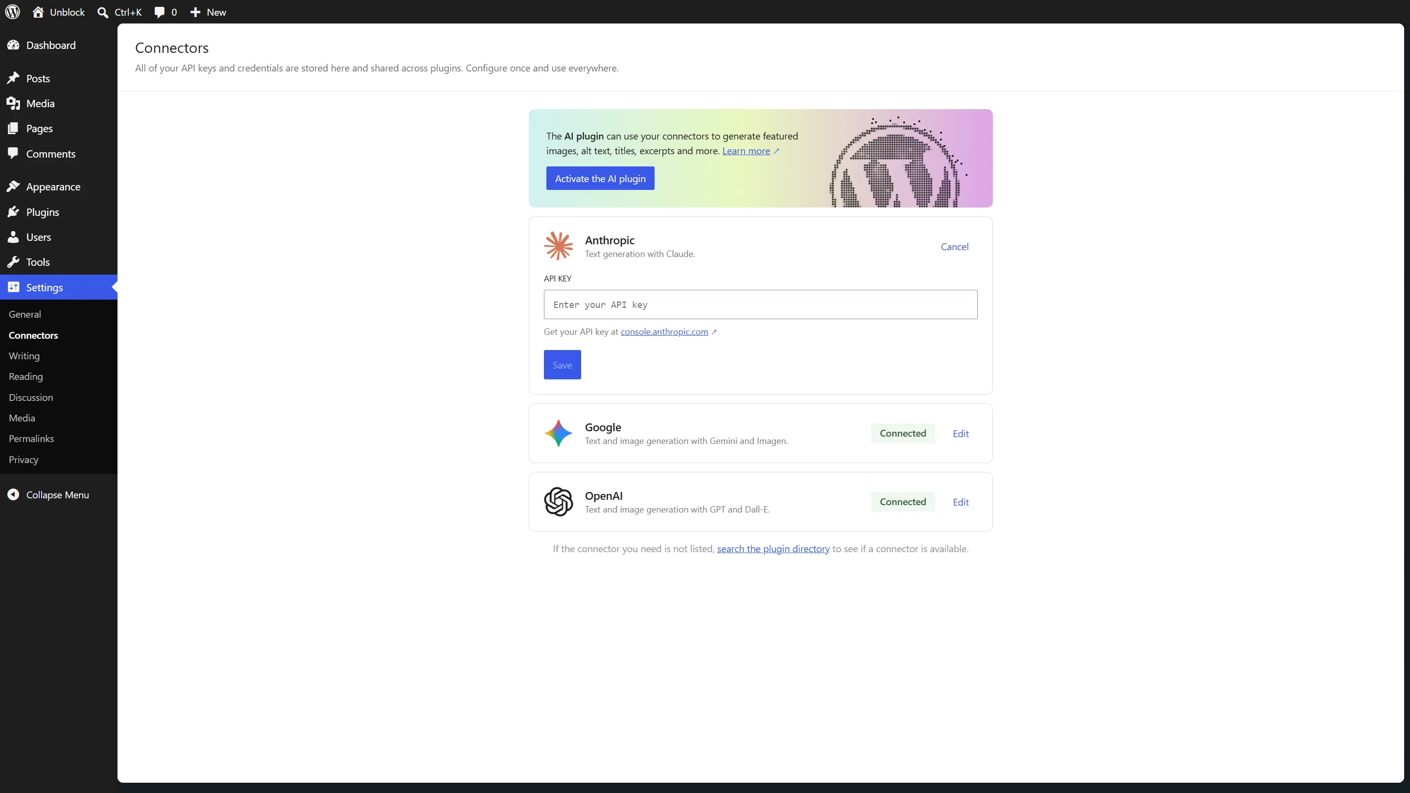 WordPress Connectors settings page showing Anthropic, Google, and OpenAI providers