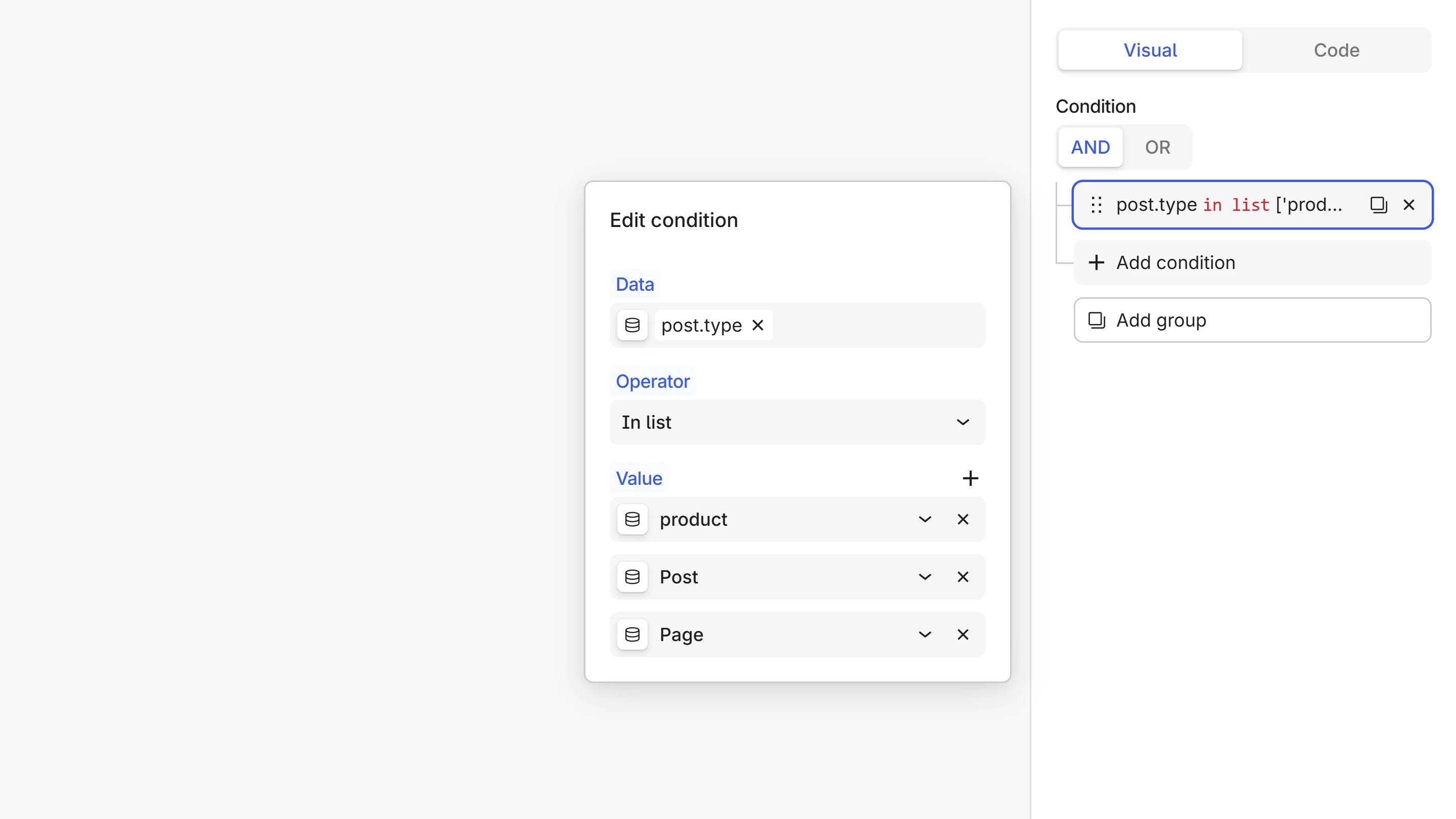 The In list operator selected, with the Value field shown as a list of rows and an Add value button.