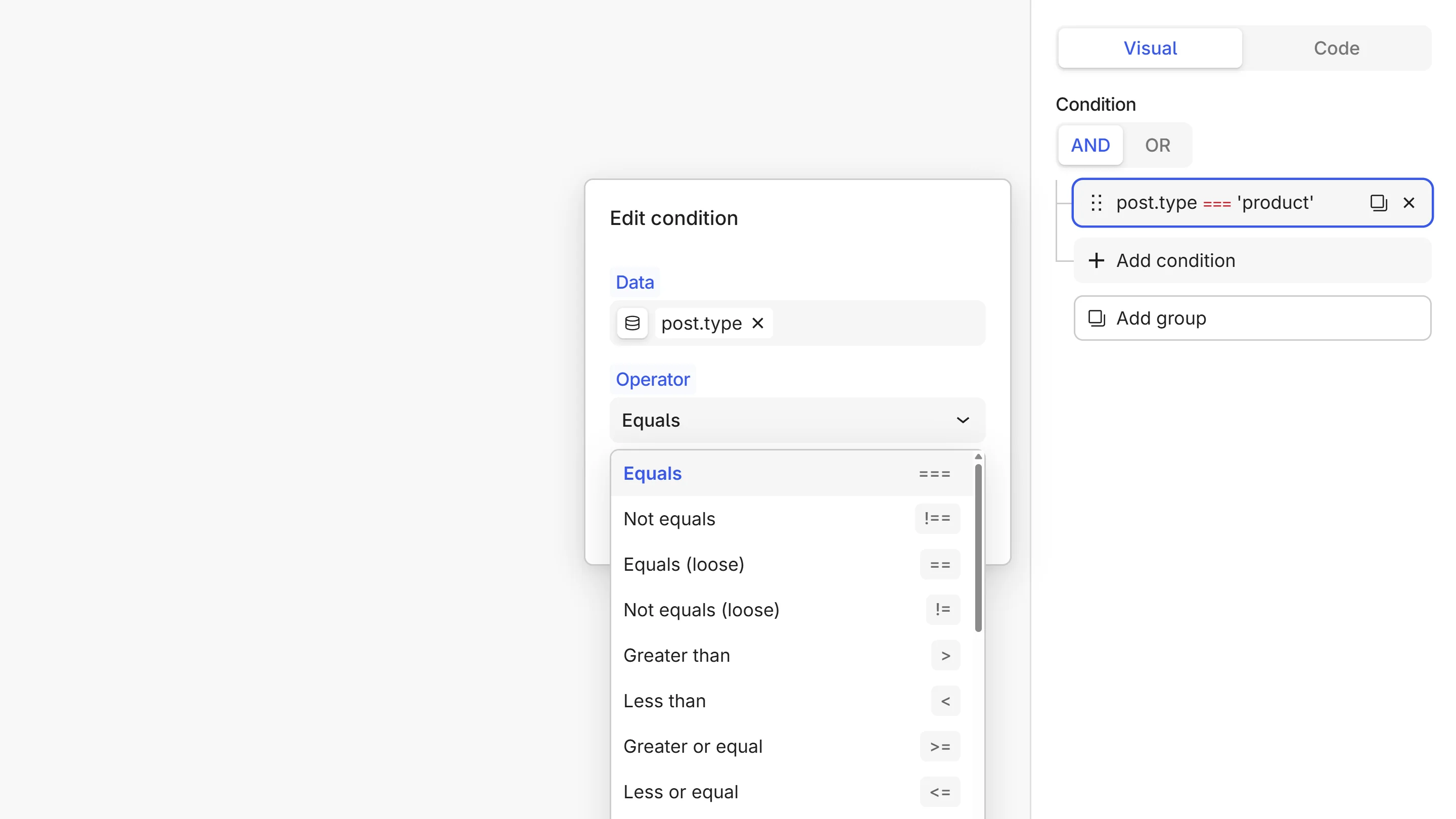 The Operator dropdown open, listing Equals, Not equals, Greater than, Less than, and more with their symbols shown alongside.