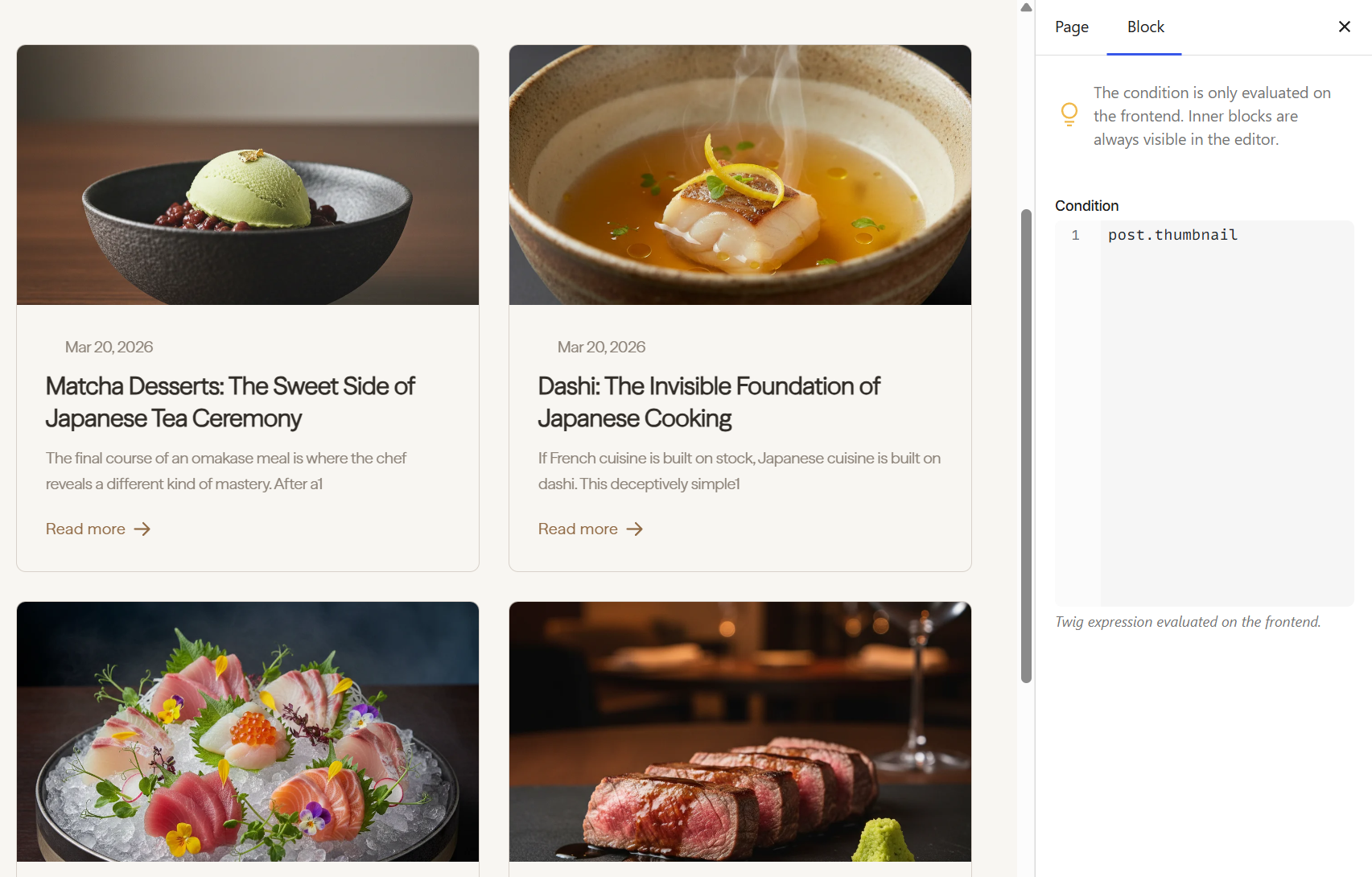 Condition block panel showing a post.thumbnail expression