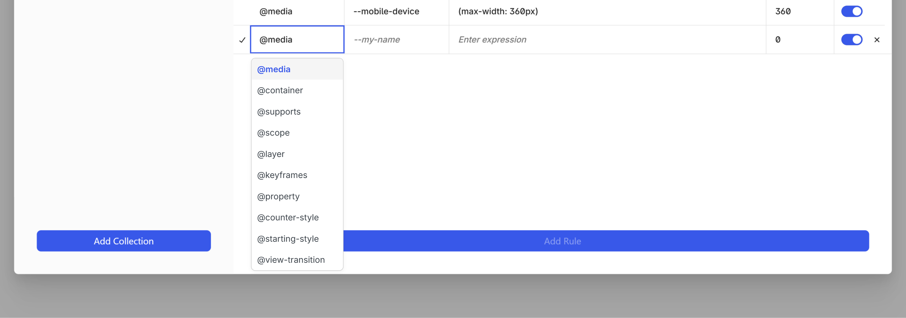 Add Rule row with type dropdown showing all supported at-rule types