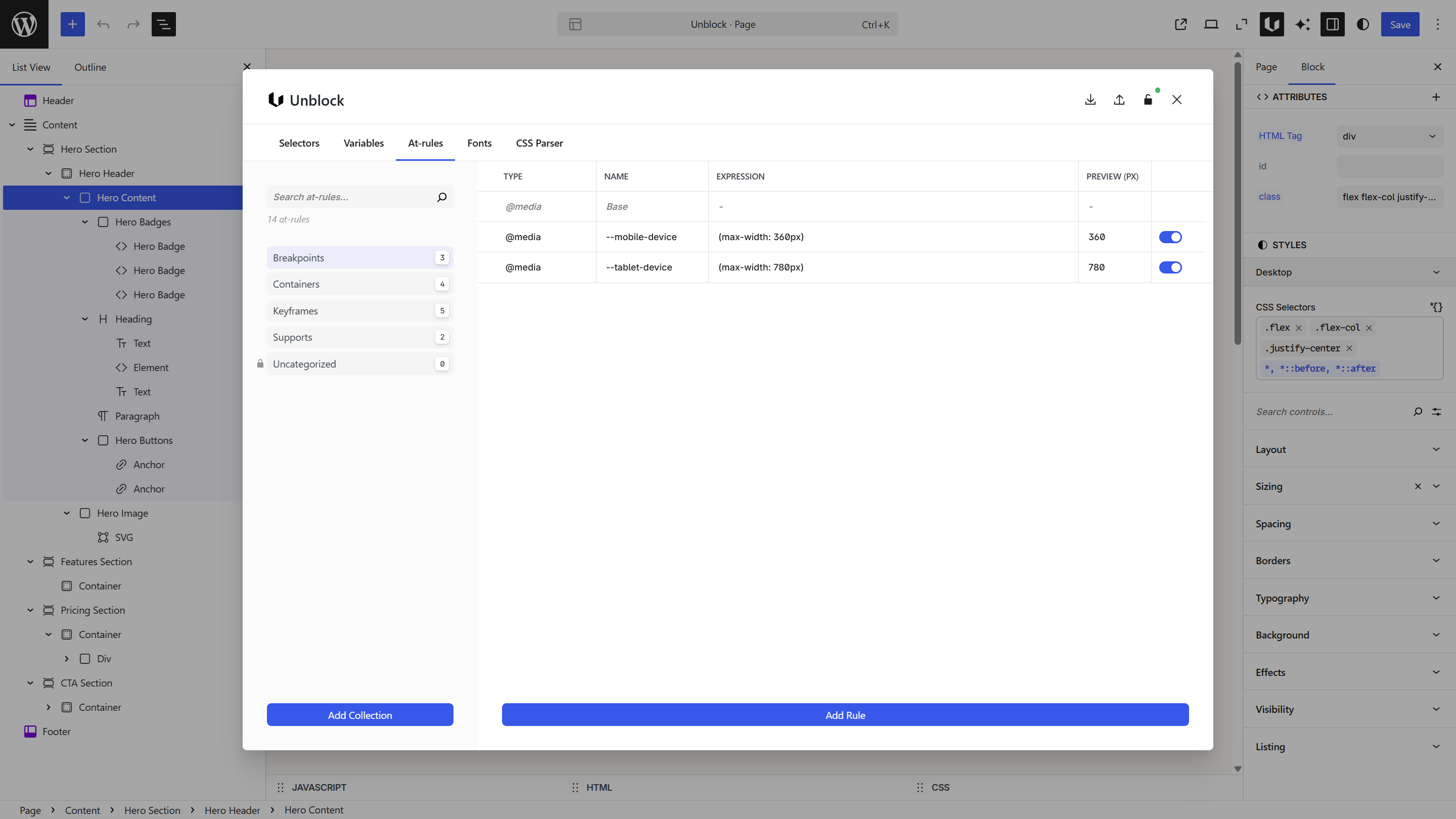 At-rules panel showing collections and rule table with Breakpoints expanded