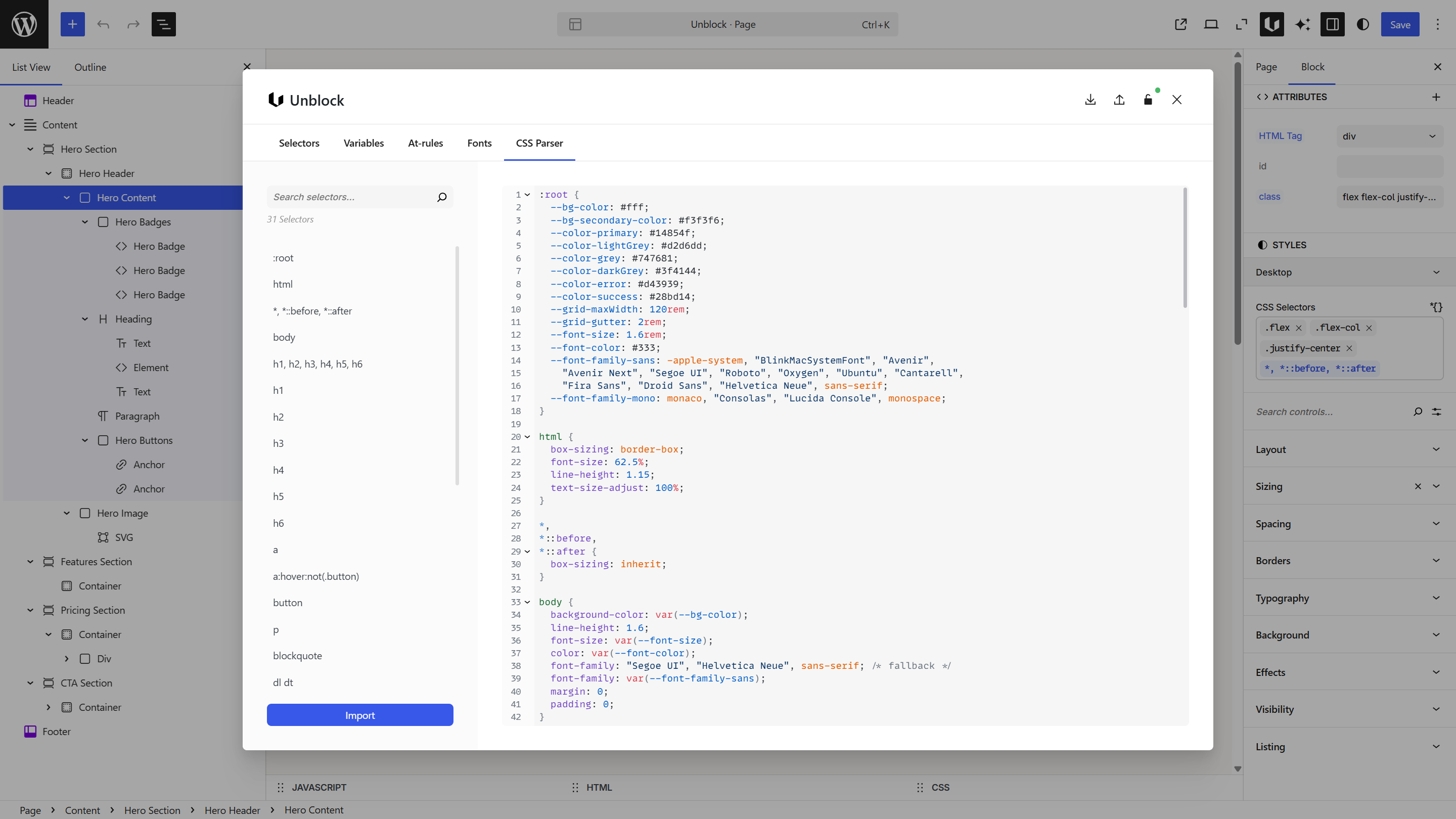 CSS Parser panel showing parsed selectors list and code editor with variables
