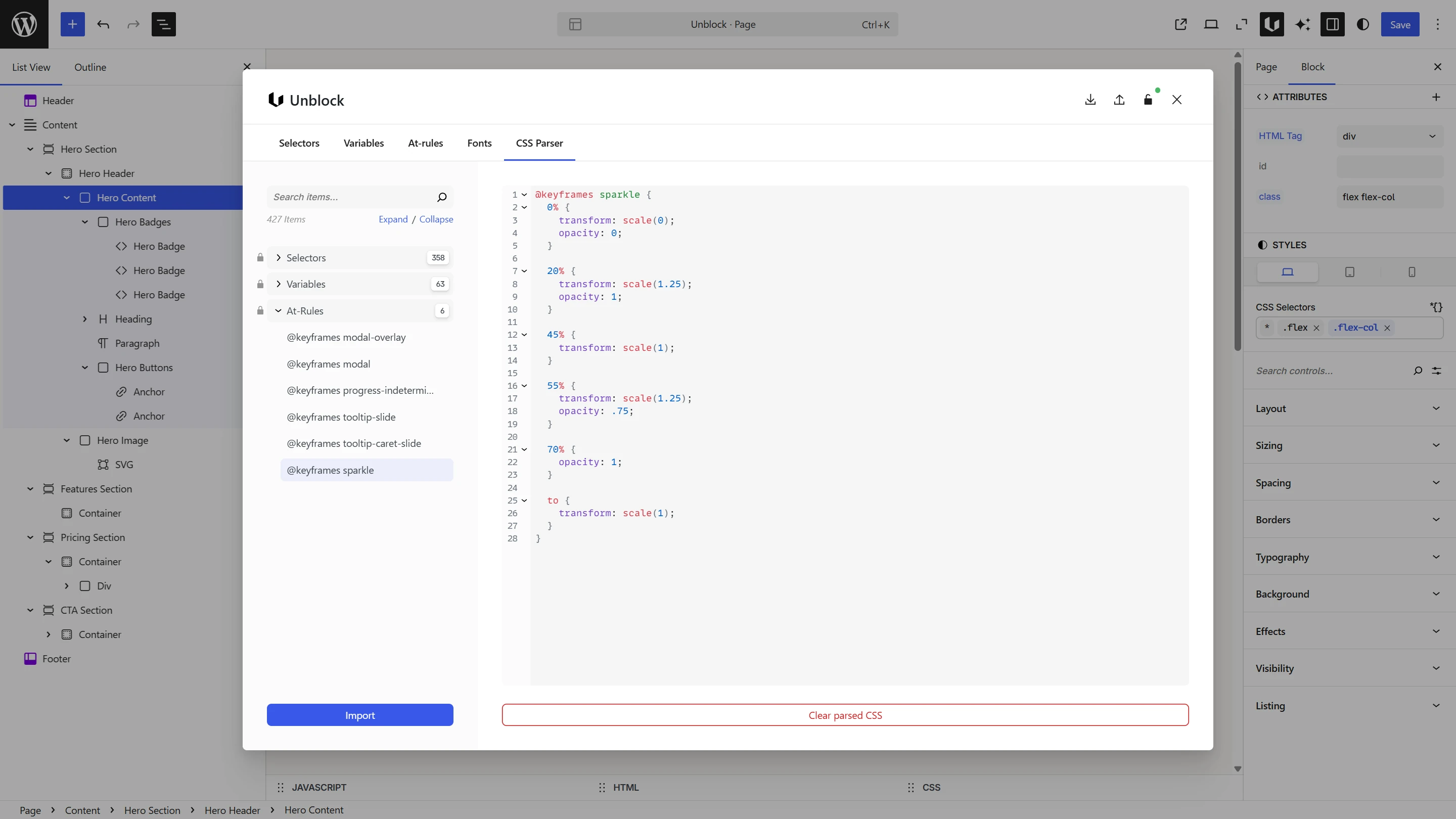 CSS Parser panel showing parsed selectors list and code editor with  variables