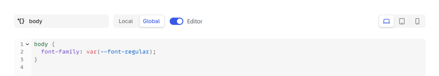 Selector toolbar showing selector name input, Local/Global toggle, Editor toggle, and responsive preview icons