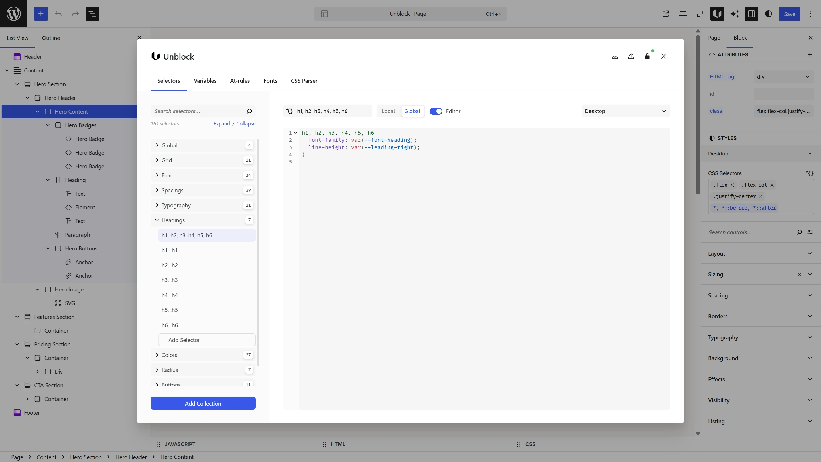 Design modal showing the Selectors panel with collections, code editor, and toolbar