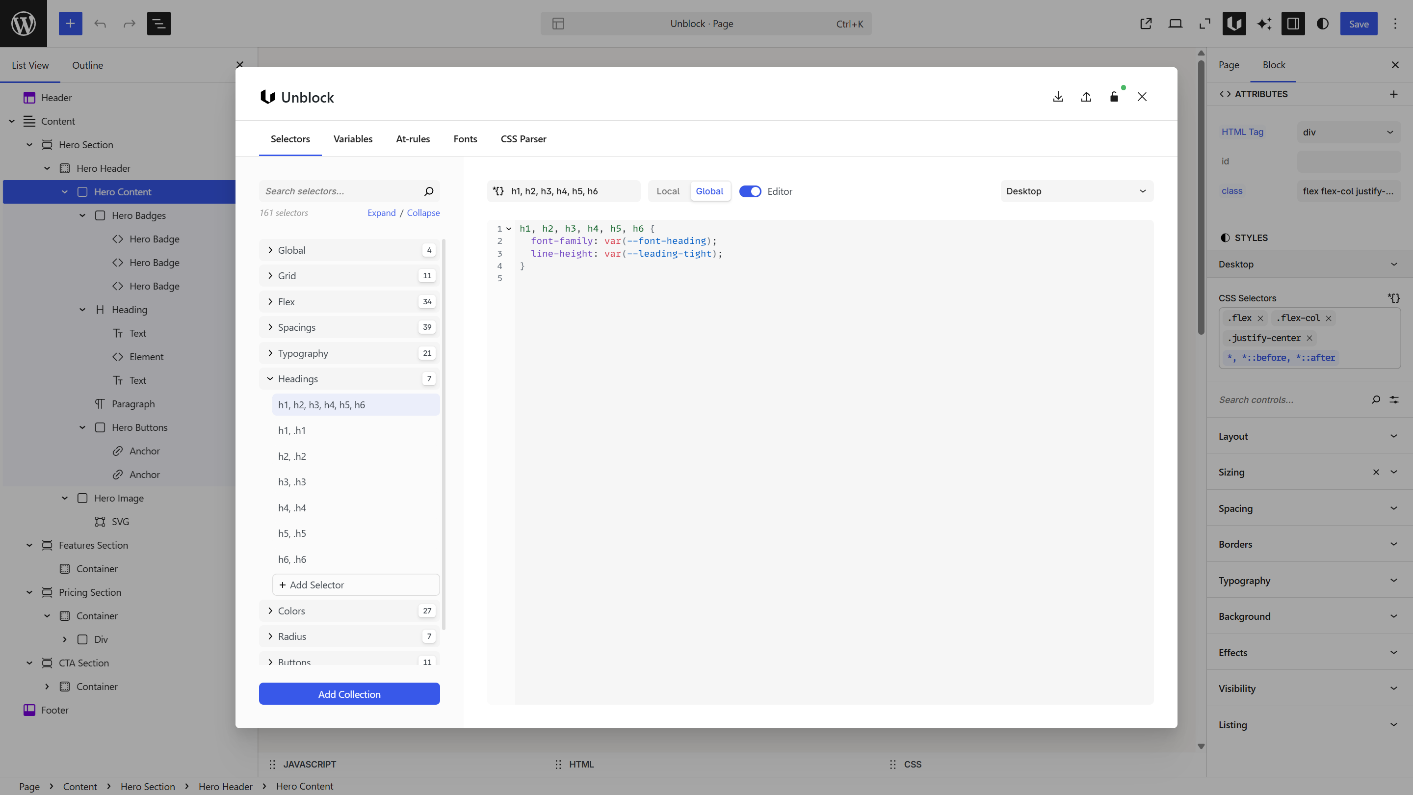 Design modal showing the Selectors panel with collections, code editor, and toolbar