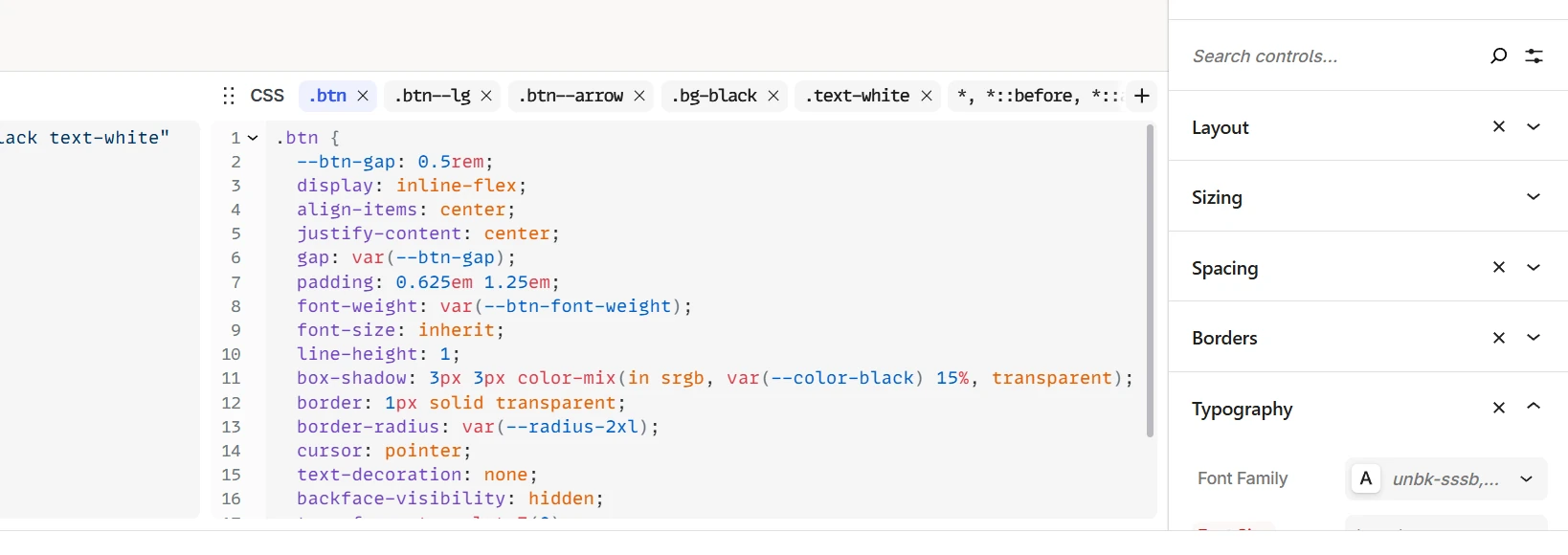 CSS inspector showing selector tabs like .btn .btn--lg .btn--arrow and code editor with .btn styles