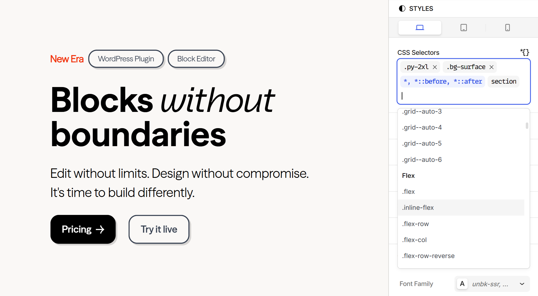 Styles panel showing CSS Selectors field with assigned selectors like .grid .grid--auto-2 .px-xl and autocomplete dropdown