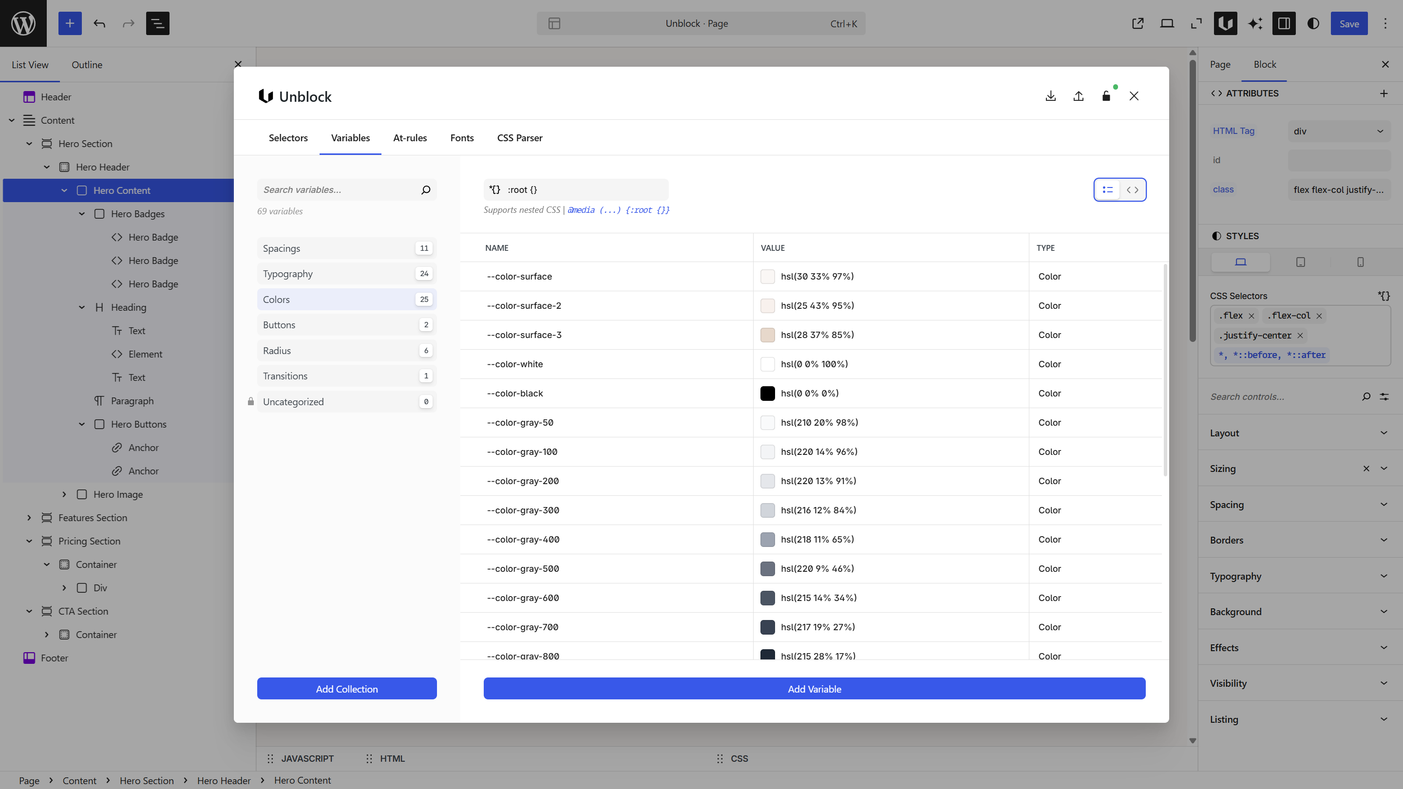 Variables panel showing collections sidebar and variable table with name, value, and type columns