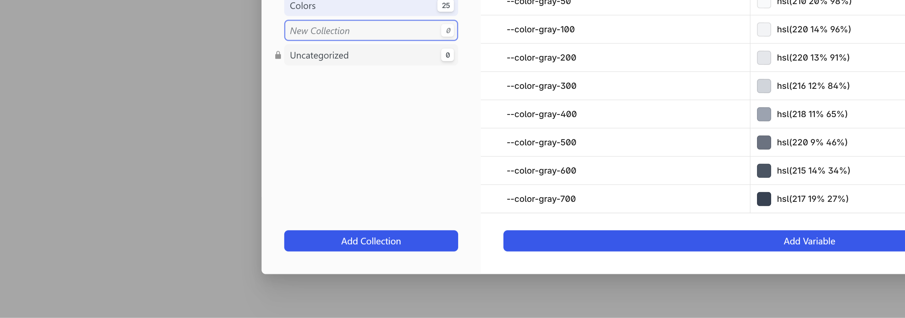 Add Collection with name input and Add Variable button at the bottom of the Variables panel