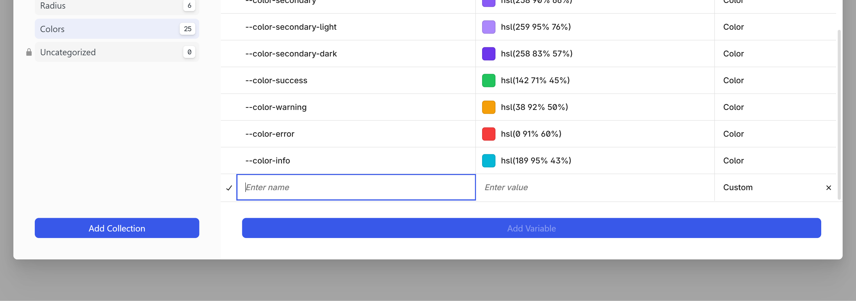 Add Variable row at the bottom of the table with empty name, value, and type fields