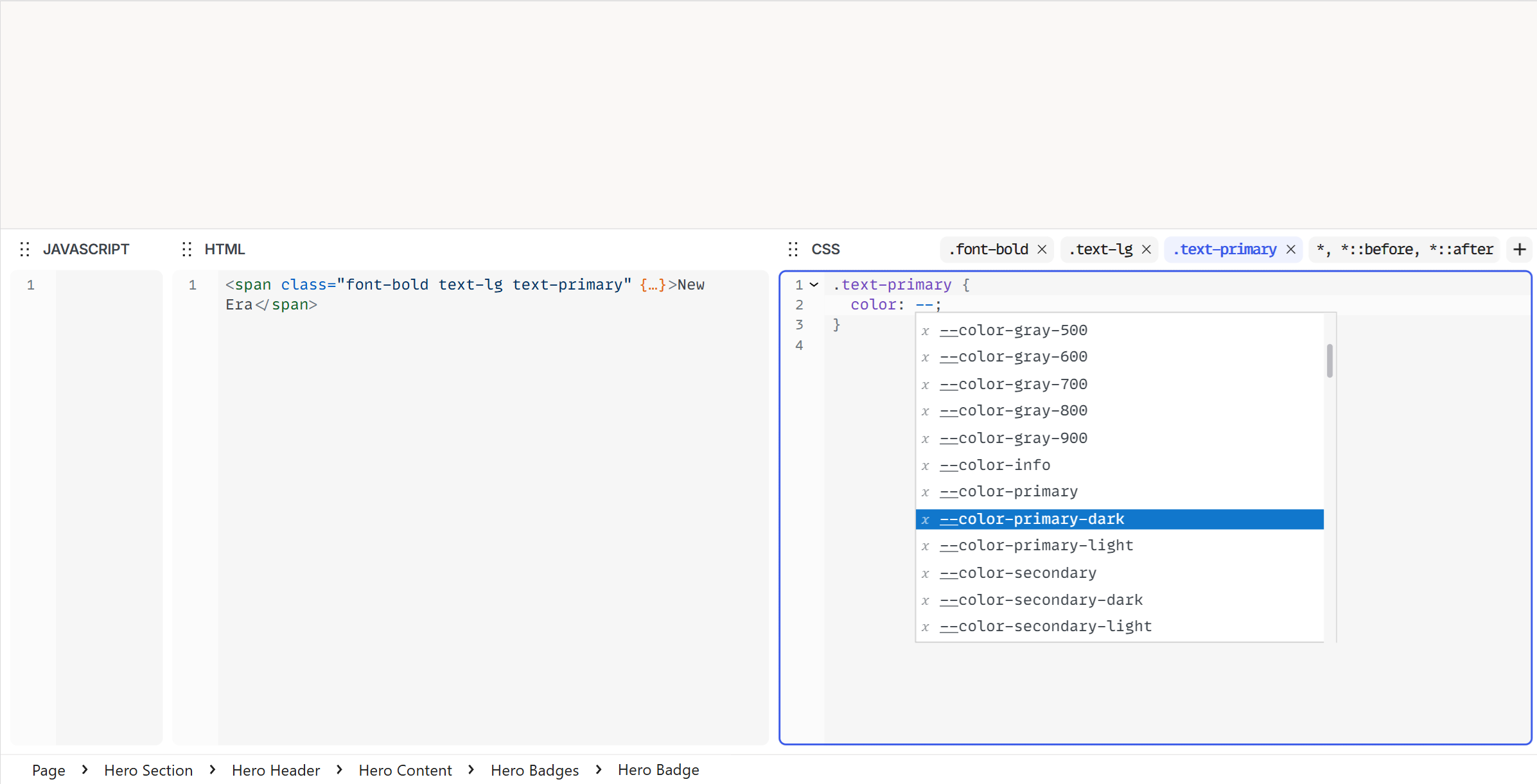 CSS inspector showing variable autocomplete dropdown while editing a selector