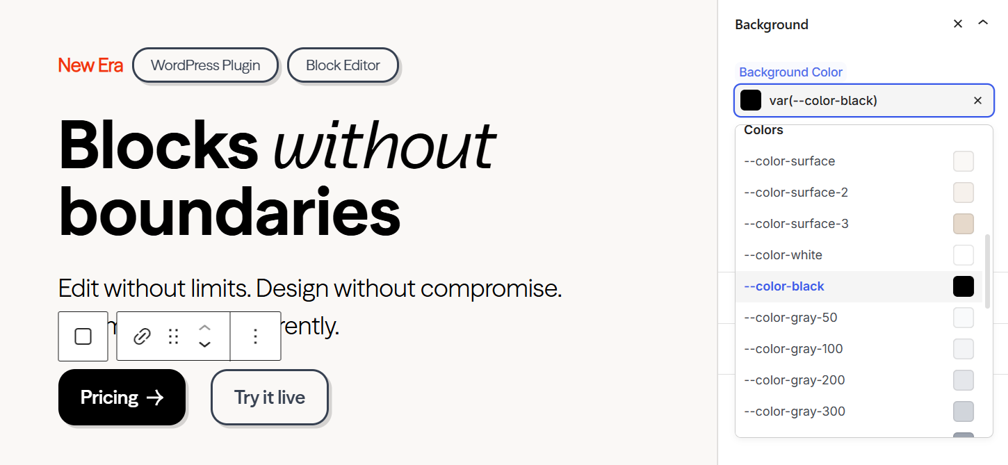 Styles panel showing variable autocomplete dropdown with color swatches for the Text Color field