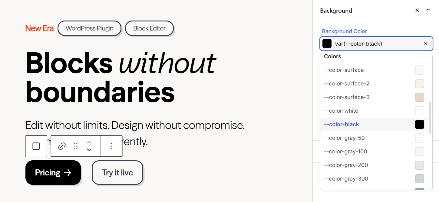 Styles panel showing variable autocomplete dropdown with color swatches for the Text Color field