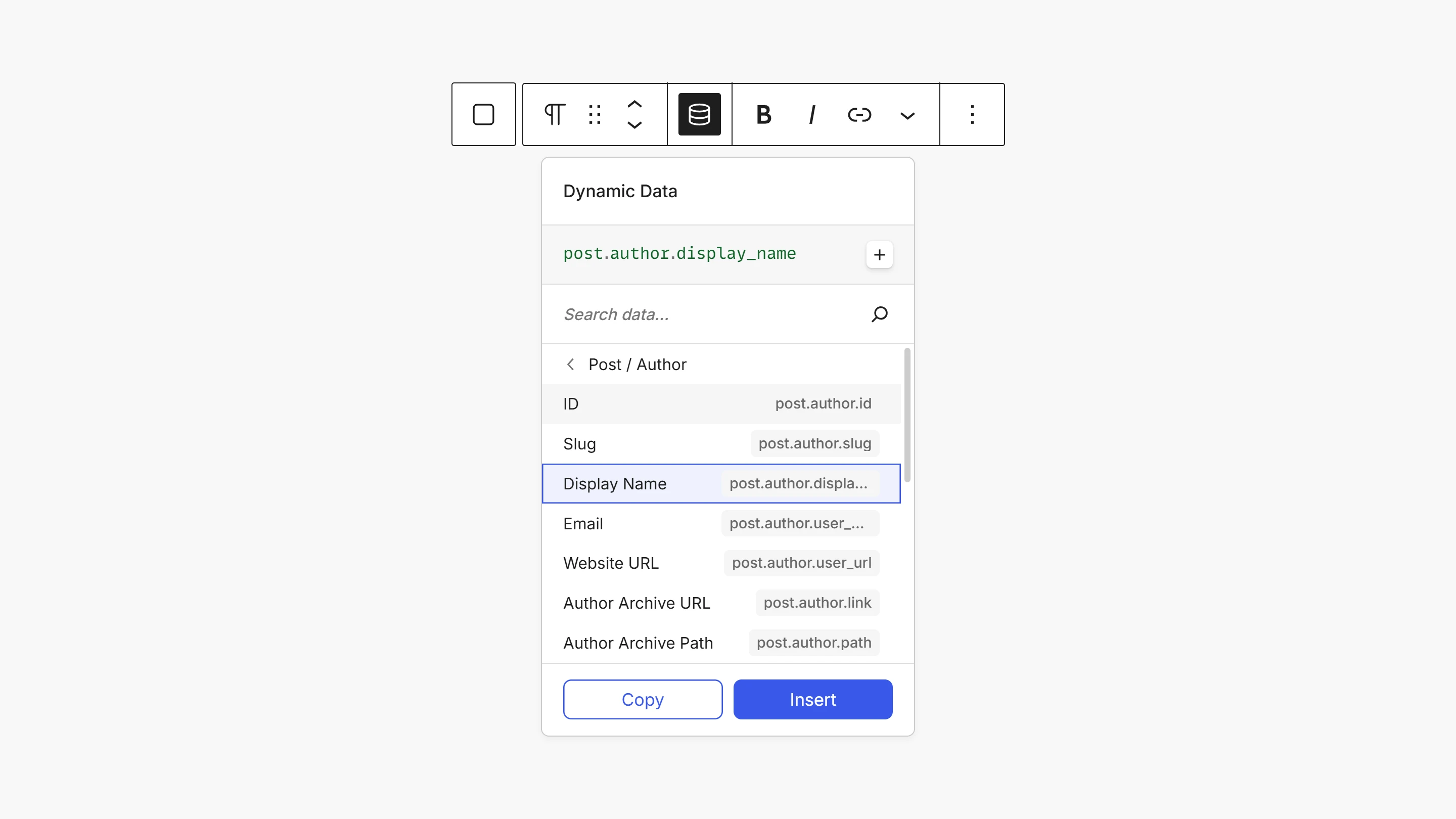 The Data Picker drilled into the author, the breadcrumb reading Post / Author with the author fields listed