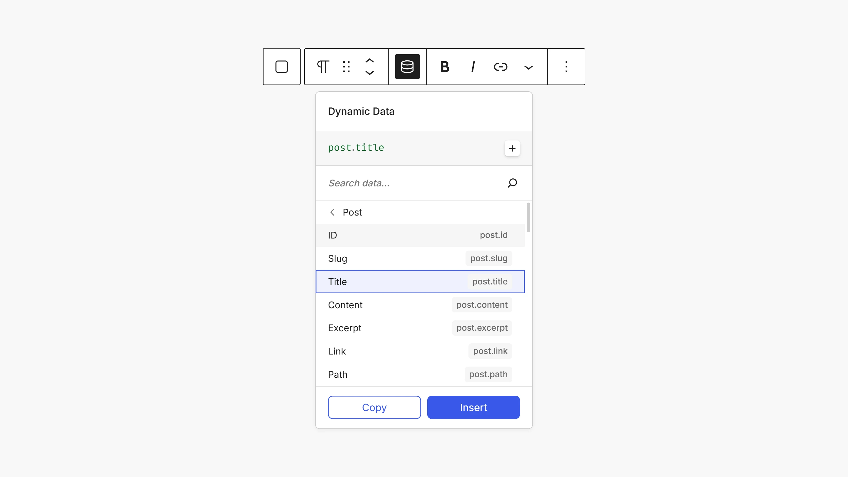 The Data Picker with Title selected, the preview showing post.title and the Insert button enabled