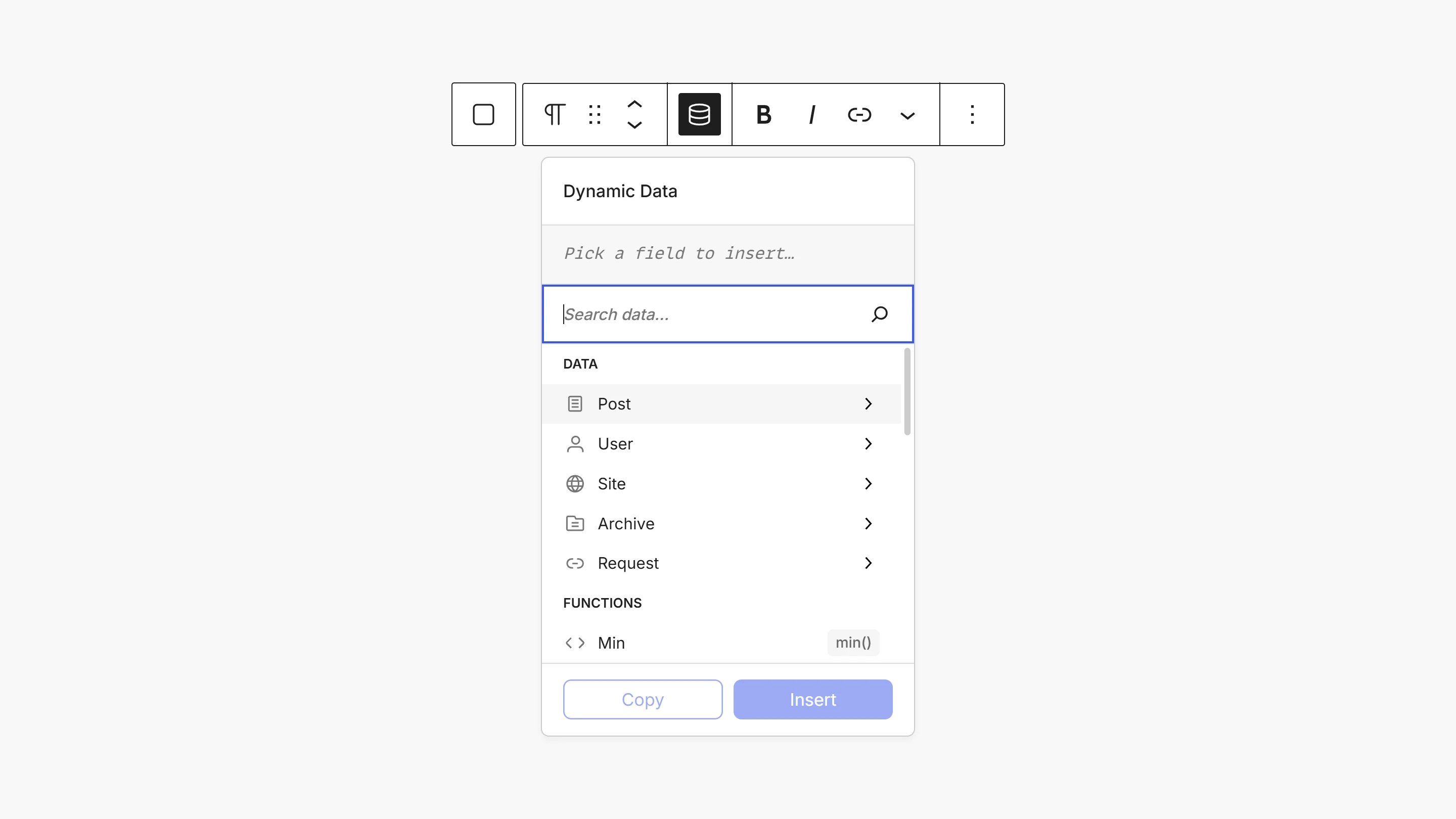 The Data Picker open below the block toolbar, titled Dynamic Data, with the search field focused and the Data and Functions groups listed