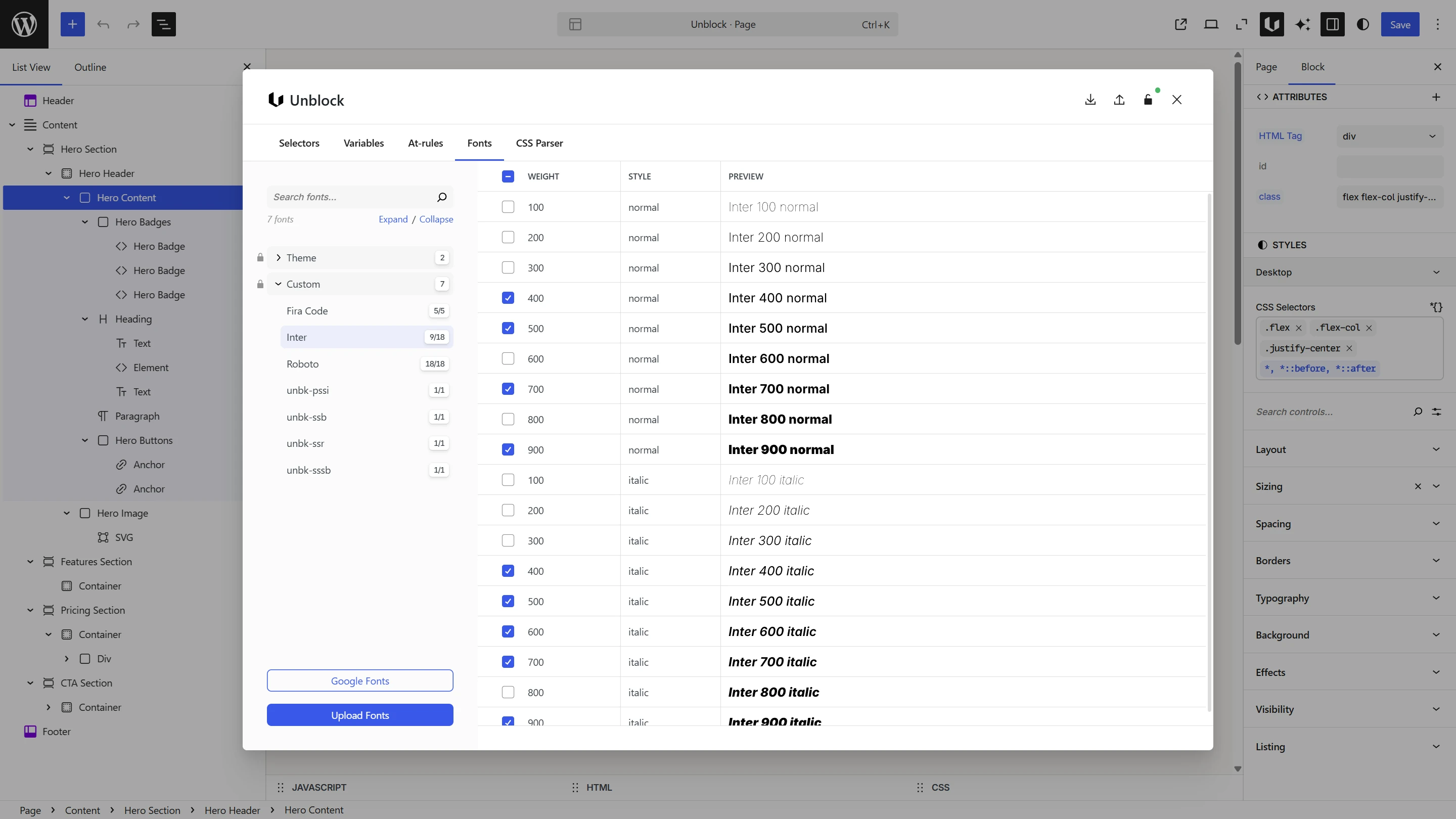 Fonts panel showing font collections on left, weight/style table on right with Inter font selected