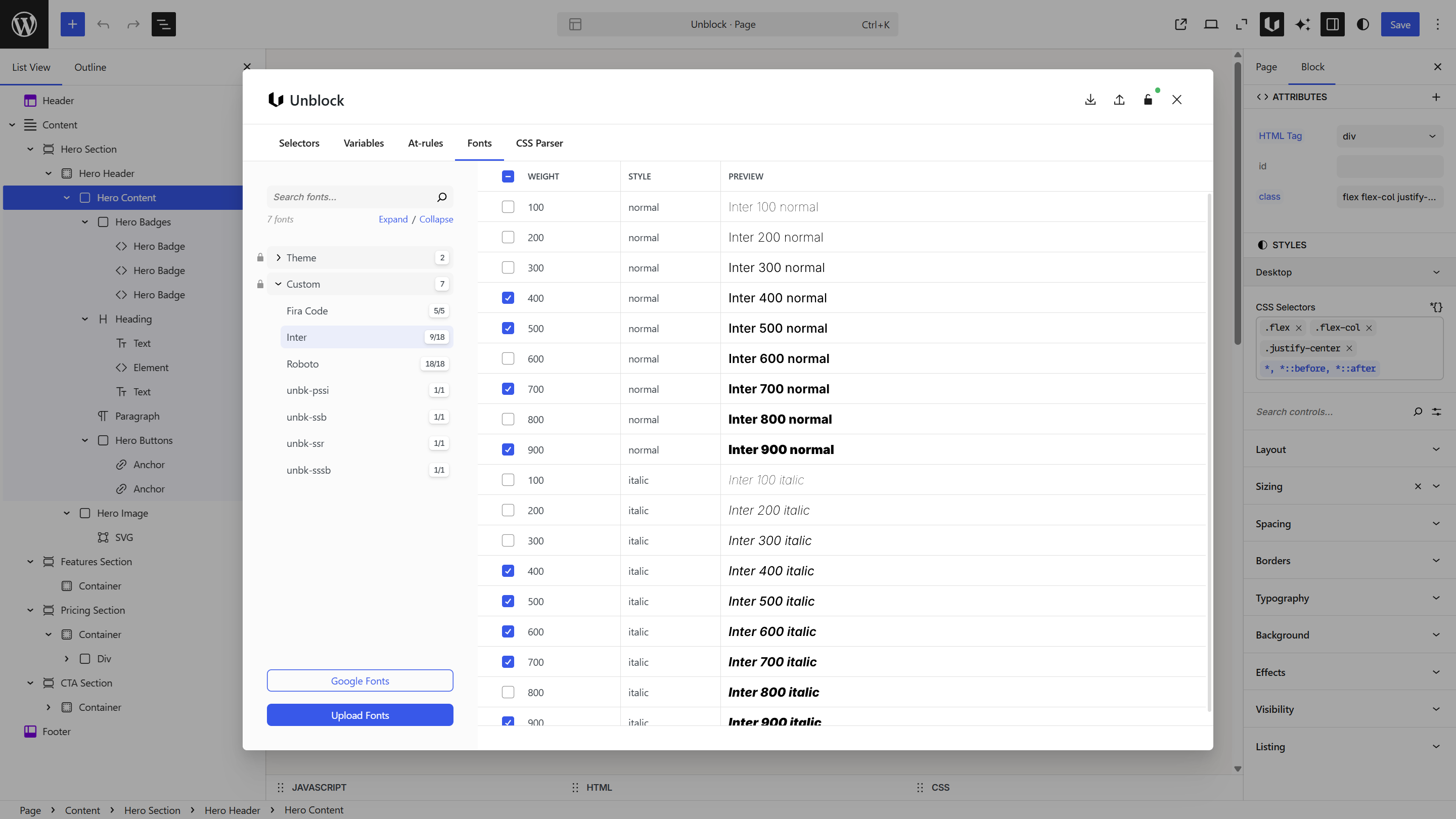 Fonts panel showing font collections on left, weight/style table on right with Inter font selected