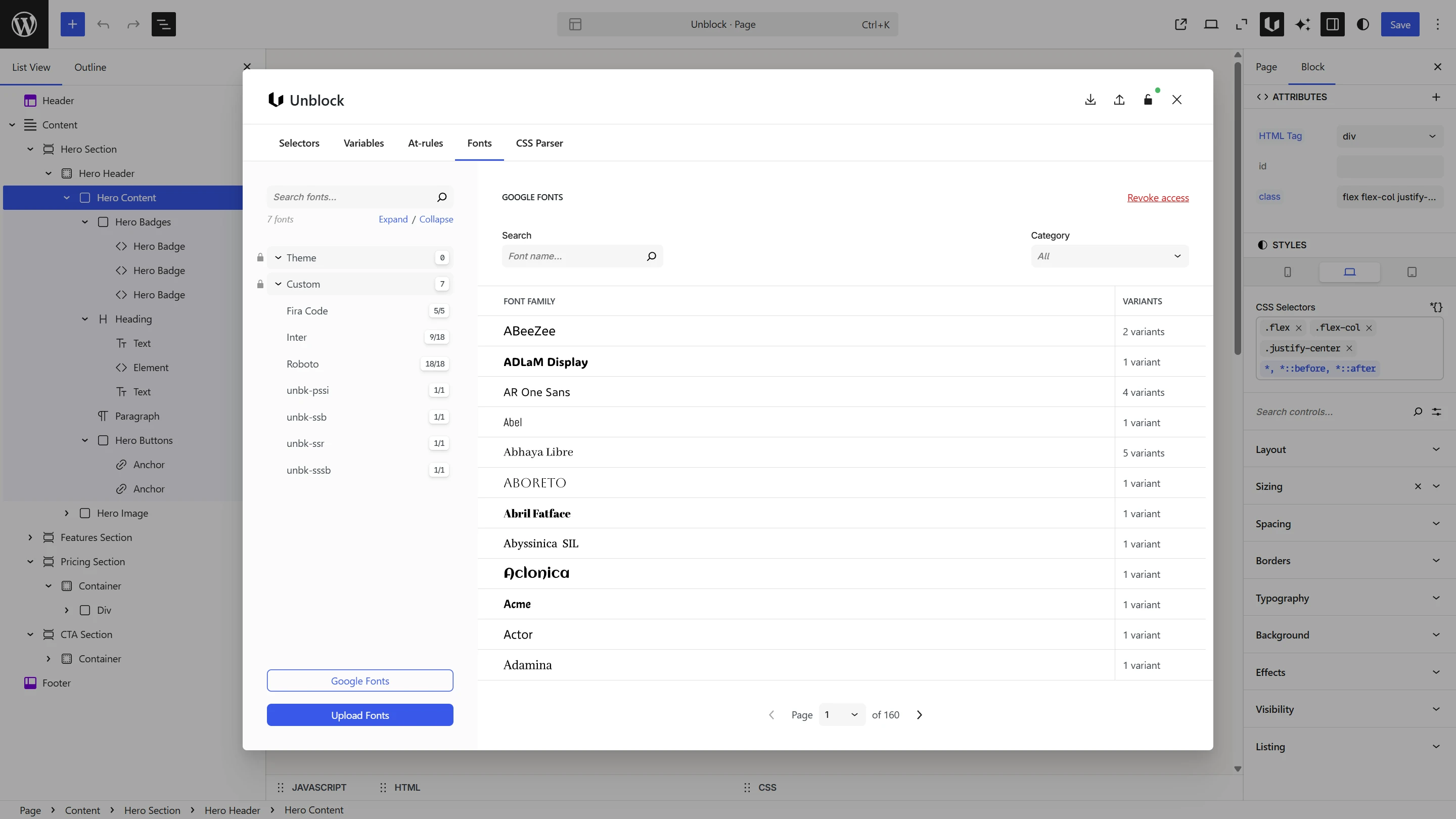 Google Fonts dialog showing search bar, category filter, and font list with previews