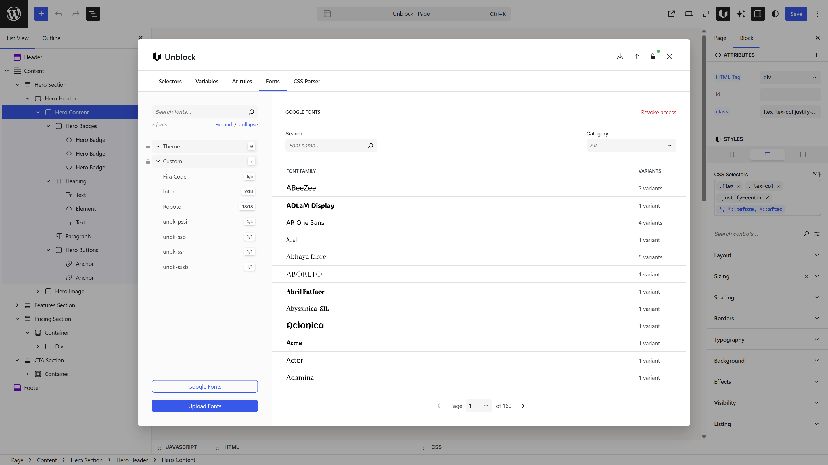 Google Fonts dialog showing search bar, category filter, and font list with previews