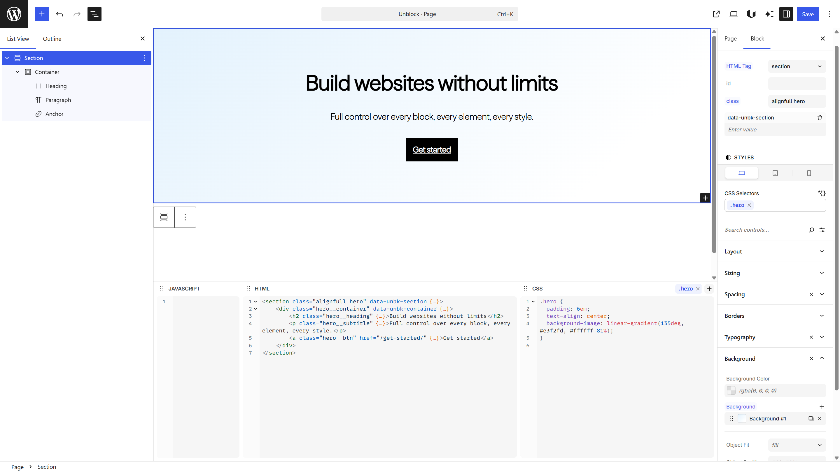 HTML and CSS inspectors showing the hero section markup and styles