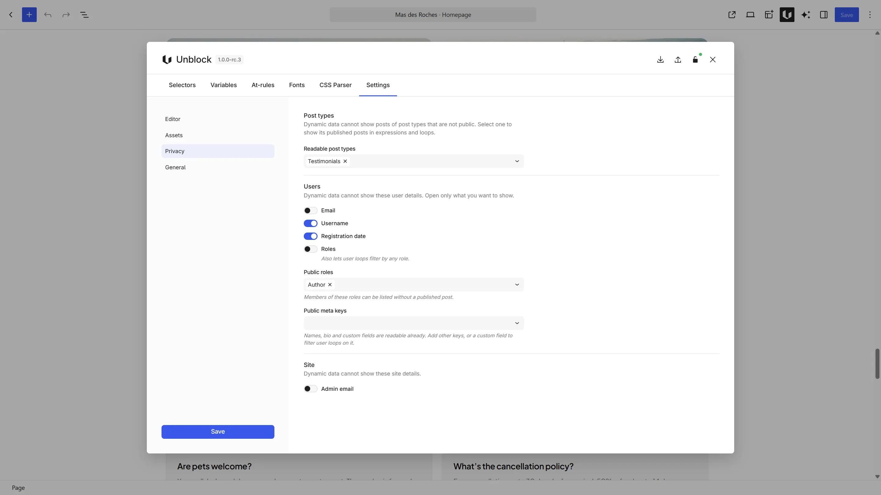 Settings > Privacy in the Unblock manager: Testimonials opened as a readable post type, Username and Registration date opened for users, Author as a public role, and the admin email kept private.