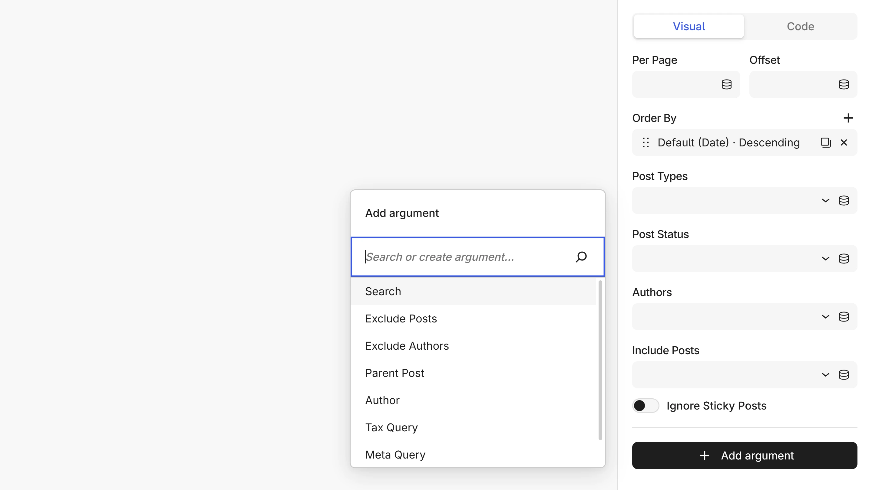 The Add argument menu open, its search box focused, listing arguments such as Search, Exclude Posts, and Parent Post to add to the query.