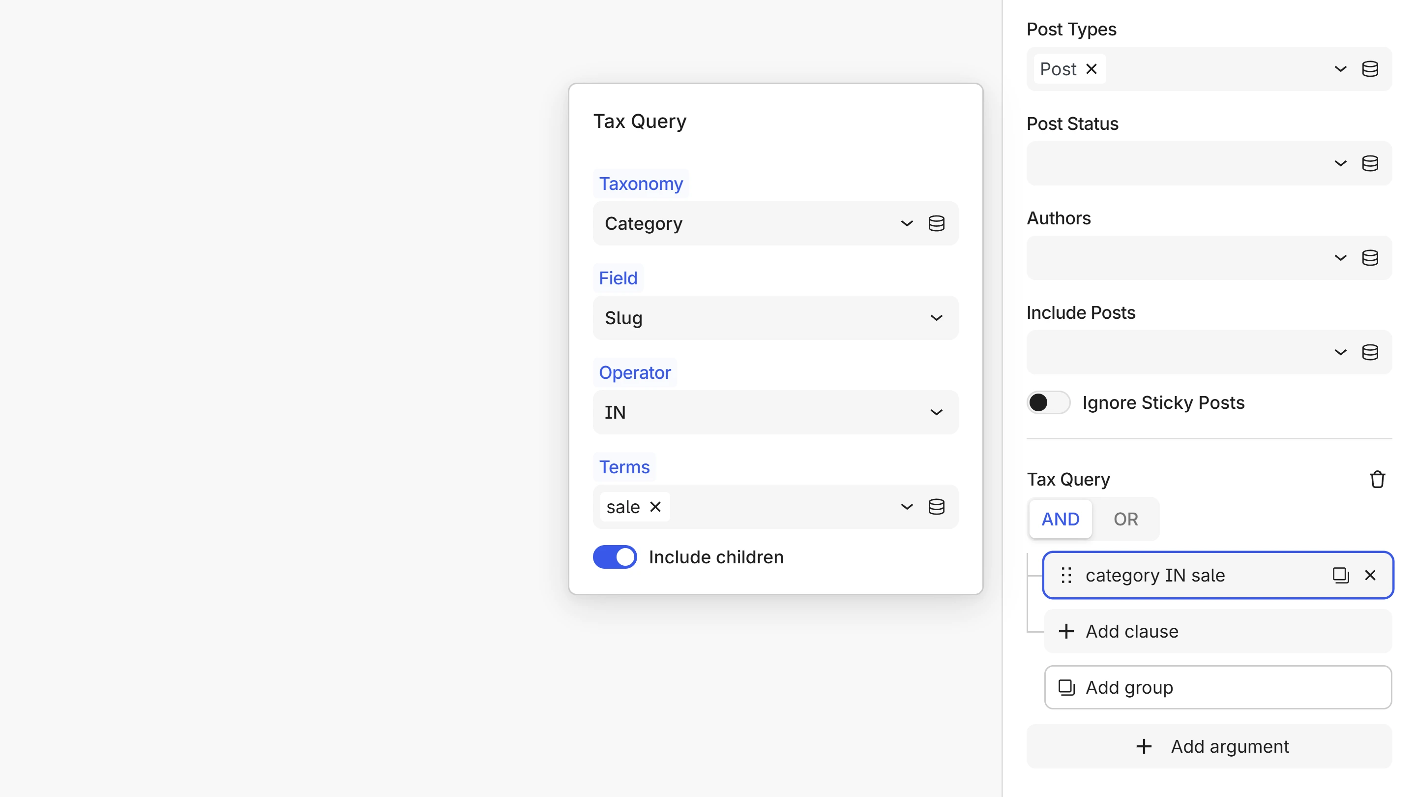 A Tax Query clause builder with one clause open, its editor showing the Taxonomy, Field, Operator, Terms, and Include children fields.