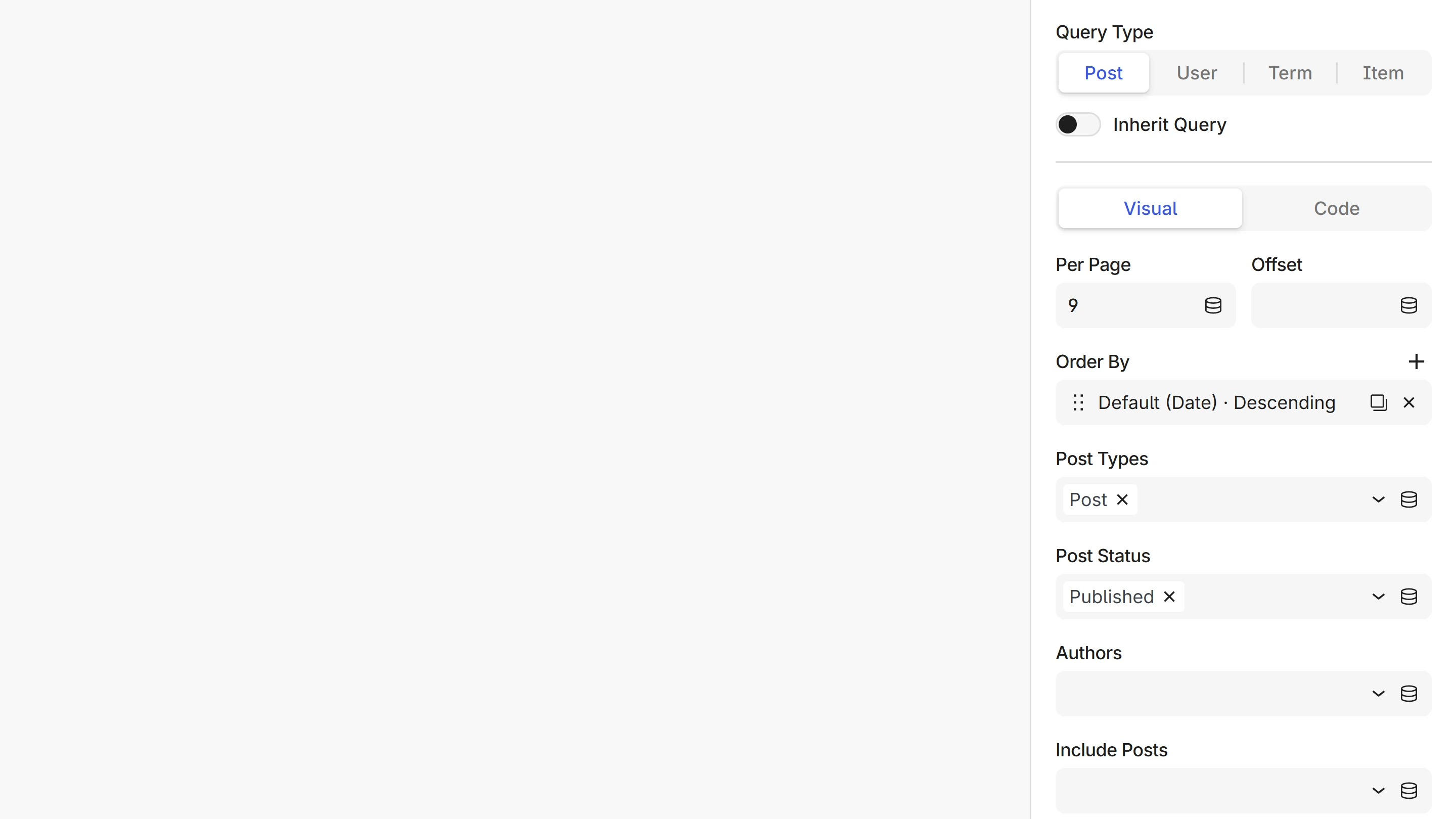 The Loop query panel showing the Post / User / Term / Item query type switch, the Visual and Code toggle set to Visual, the always-visible fields, and an Add argument button.