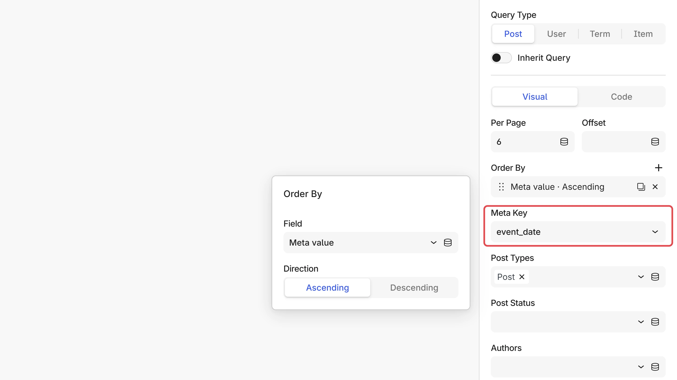 Order By set to Meta value, with the revealed Meta Key field (highlighted) holding event_date.