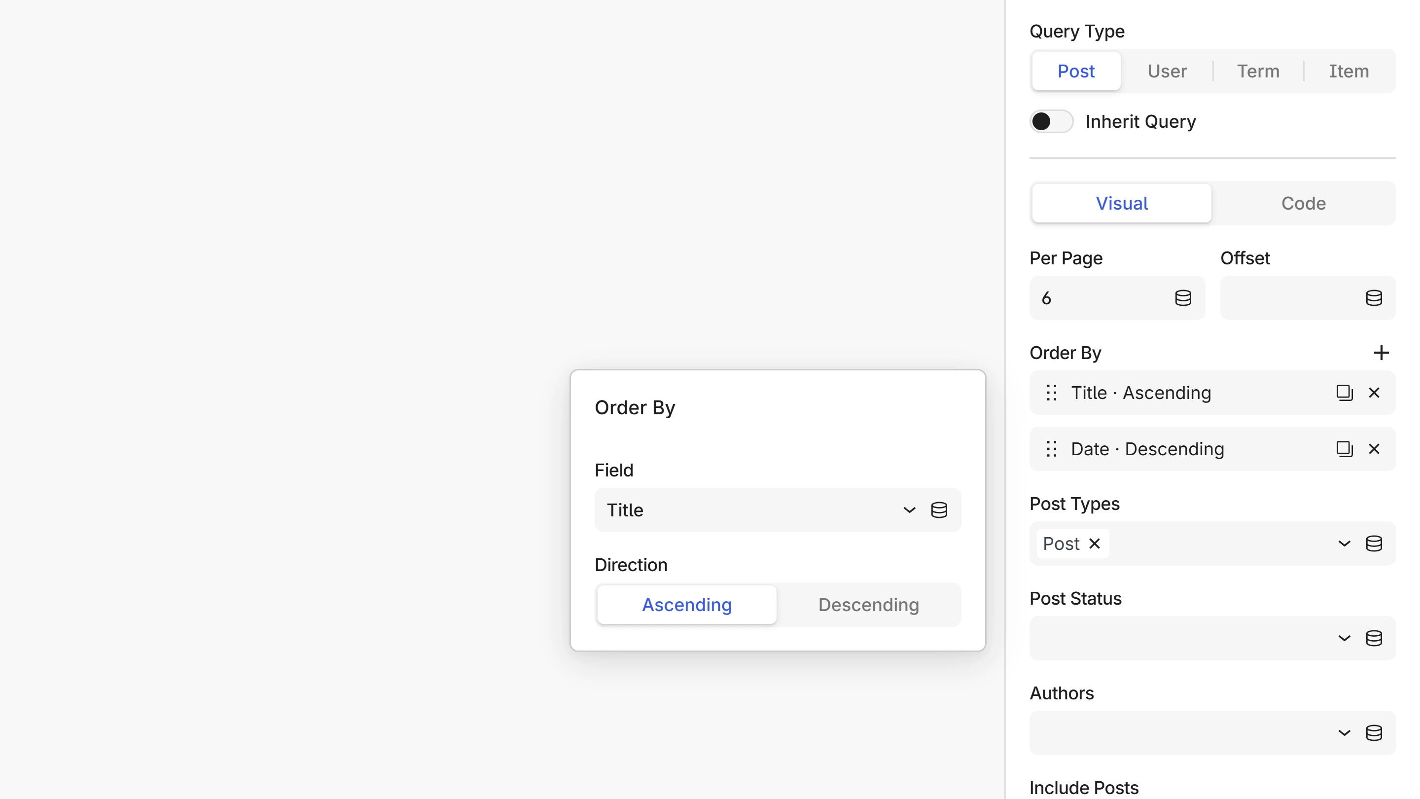 The Order By list for a Post query with two sort rows, each a field and an Ascending or Descending direction, and an Add order button.