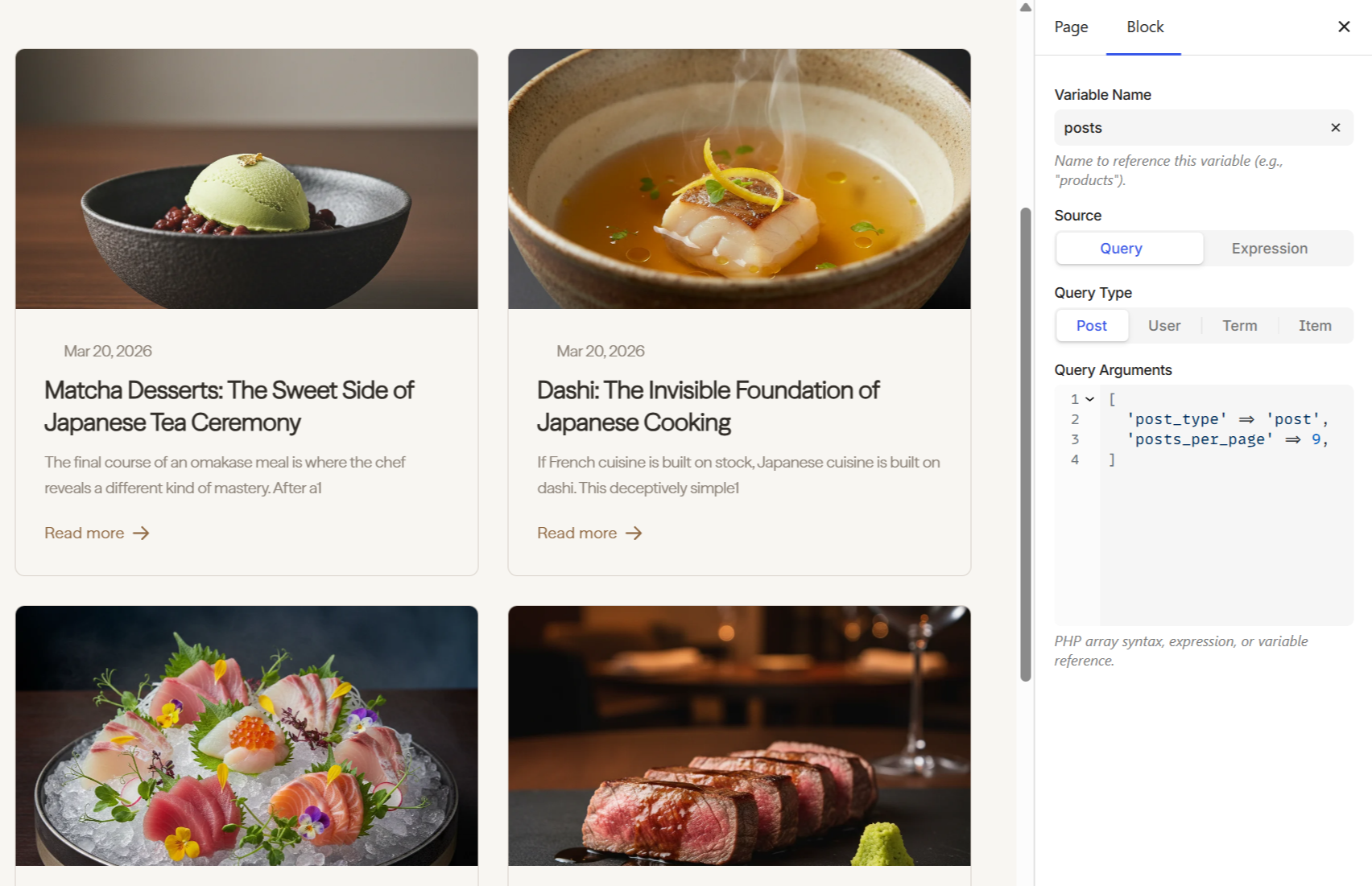Variable block panel showing name, source type, query type, and query arguments